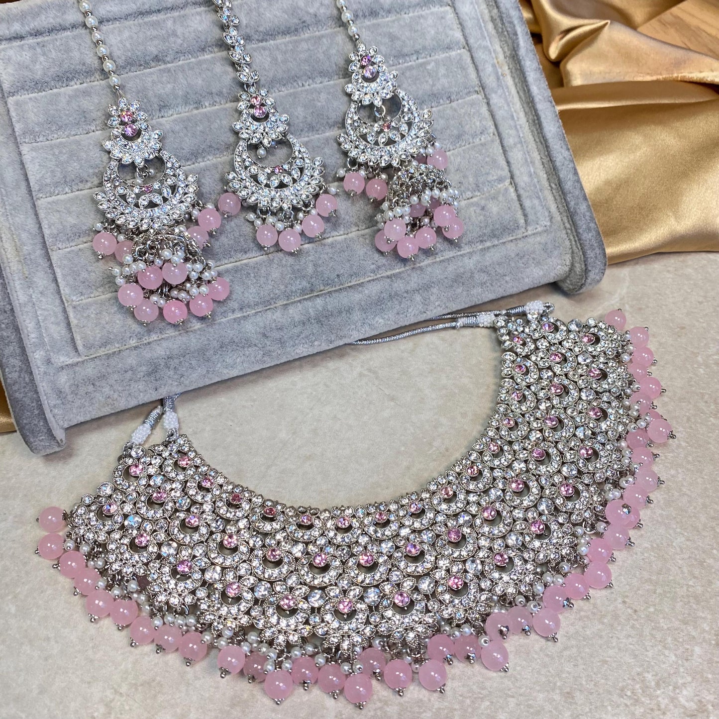 Pink Silver Bridal Set - Indian/ Pakistani Style With Jhumka earring, Tikka/Tikli/ Wedding/ Fashion Jewellery/ Necklace set
