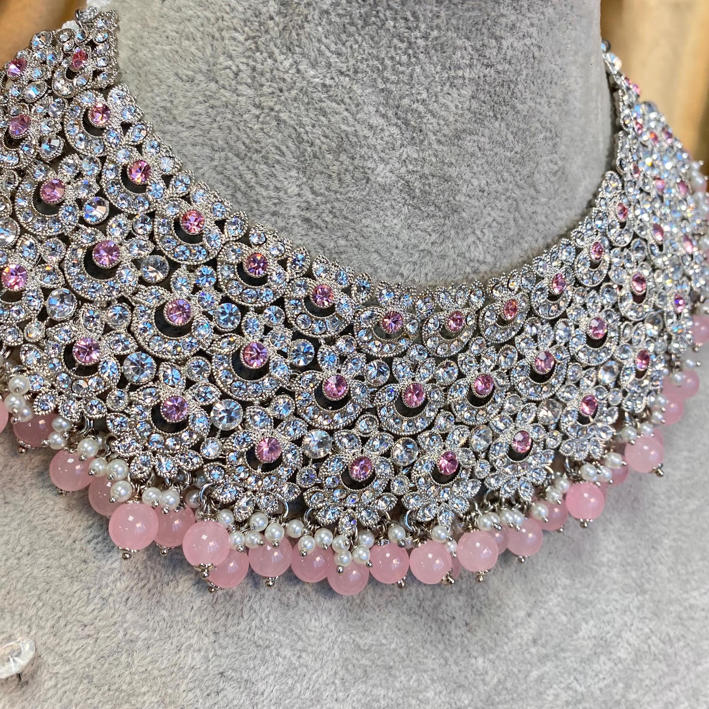 Pink Silver Bridal Set - Indian/ Pakistani Style With Jhumka earring, Tikka/Tikli/ Wedding/ Fashion Jewellery/ Necklace set