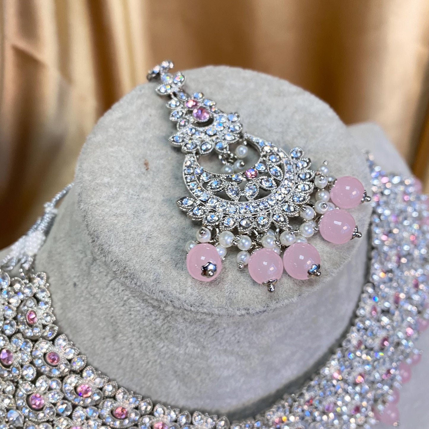 Pink Silver Bridal Set - Indian/ Pakistani Style With Jhumka earring, Tikka/Tikli/ Wedding/ Fashion Jewellery/ Necklace set