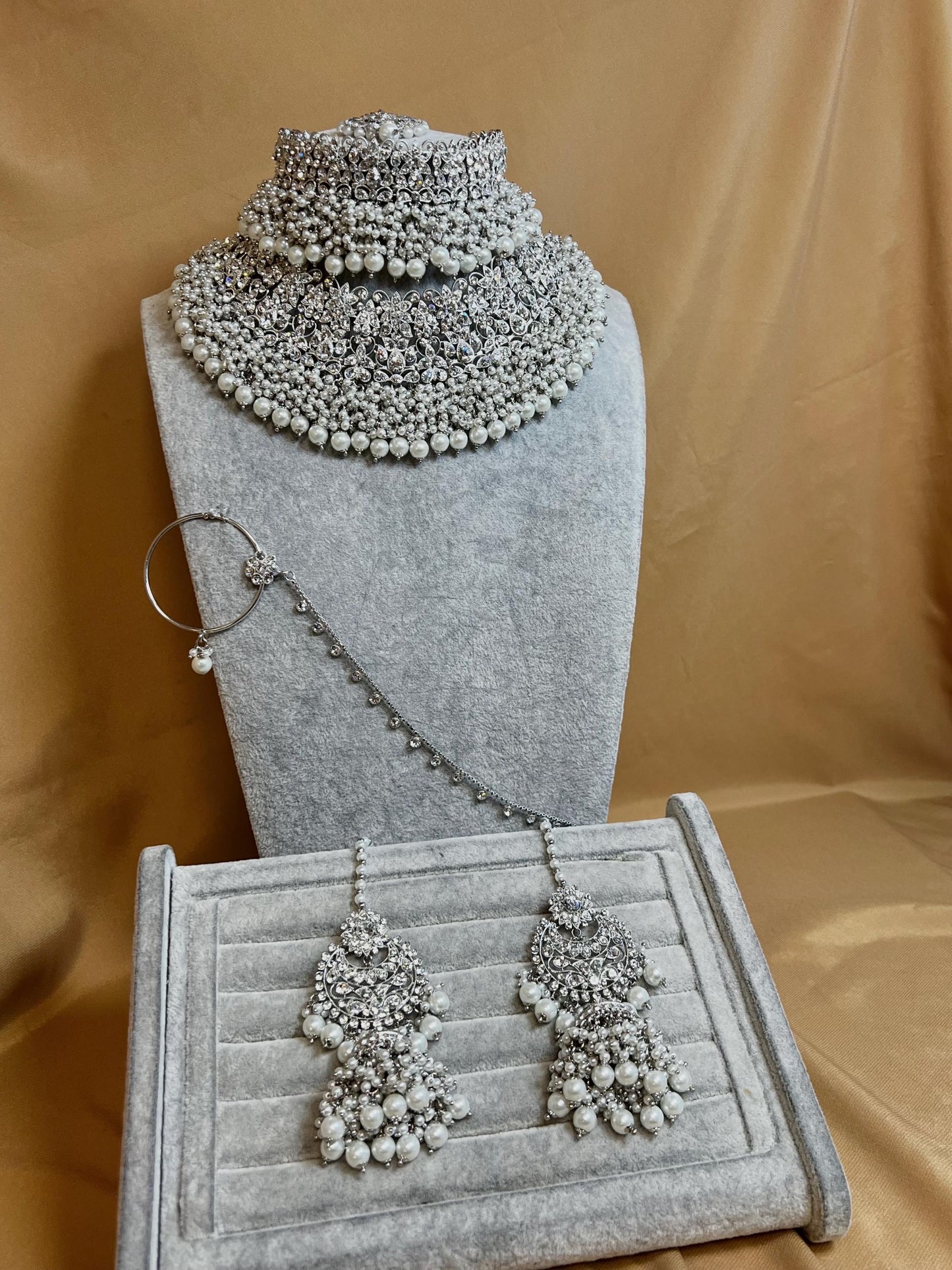 Silver Bridal Set - Pearl Indian/ Pakistani Style With Jhumka earring, Tikka/Tikli, Jhumar/jhoomar/ Wedding/ Fashion Jewellery/ Necklace set