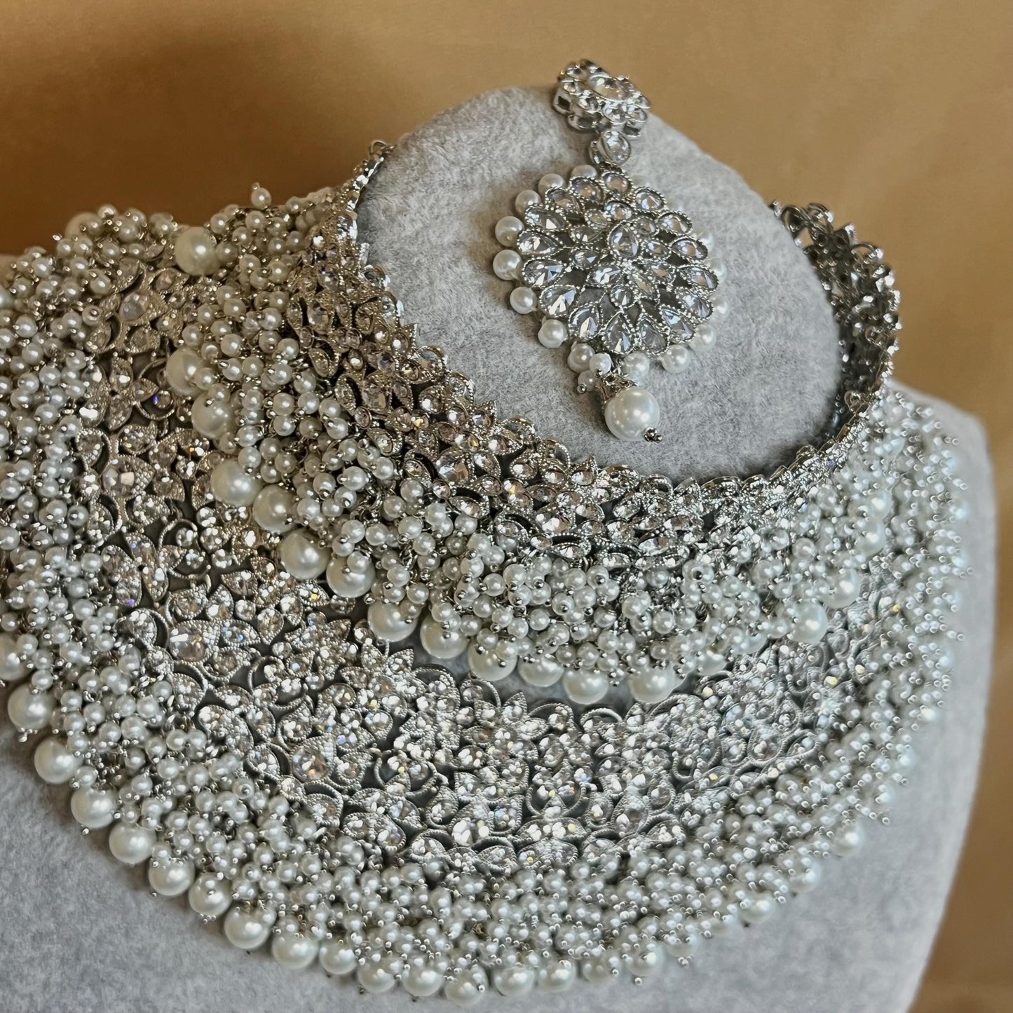 Silver Bridal Set - Pearl Indian/ Pakistani Style With Jhumka earring, Tikka/Tikli, Jhumar/jhoomar/ Wedding/ Fashion Jewellery/ Necklace set