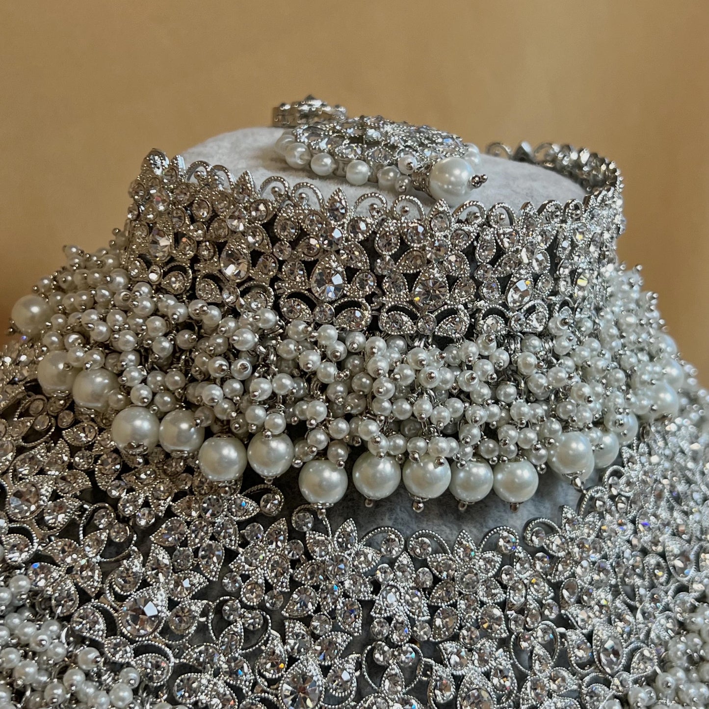 Silver Bridal Set - Pearl Indian/ Pakistani Style With Jhumka earring, Tikka/Tikli, Jhumar/jhoomar/ Wedding/ Fashion Jewellery/ Necklace set