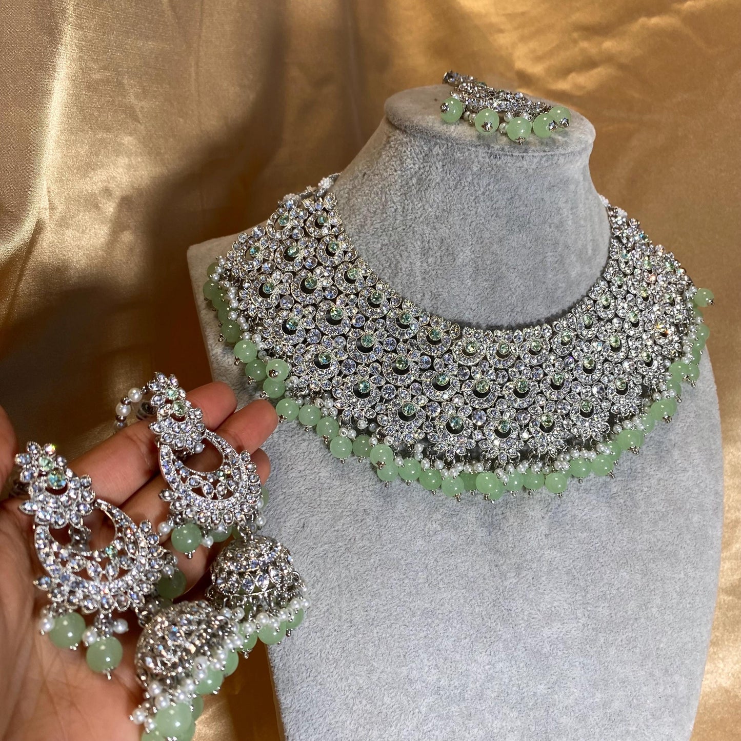 Mint Silver Bridal Set - Indian Pakistani Traditional Style With Jhumka earring,Tikka Wedding Fashion Jewellery Necklace set 3 Piece