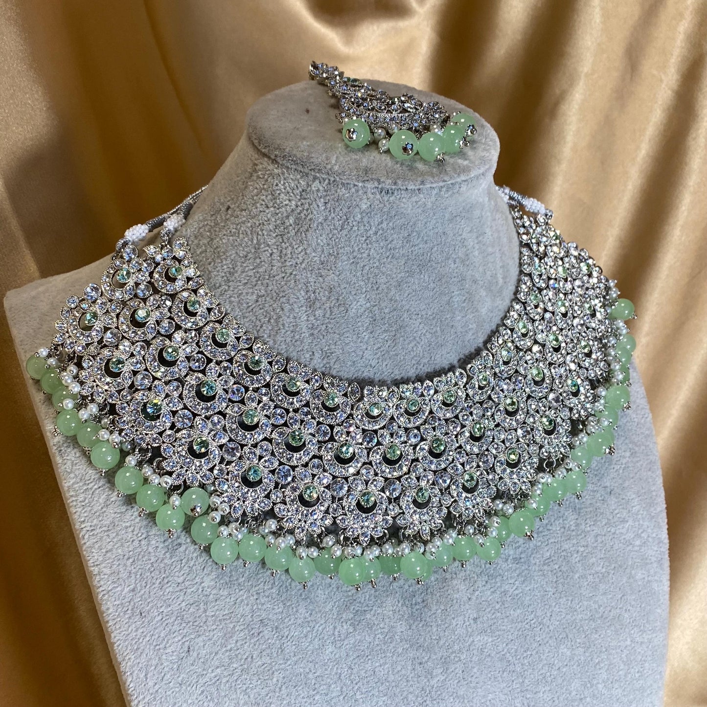 Mint Silver Bridal Set - Indian Pakistani Traditional Style With Jhumka earring,Tikka Wedding Fashion Jewellery Necklace set 3 Piece