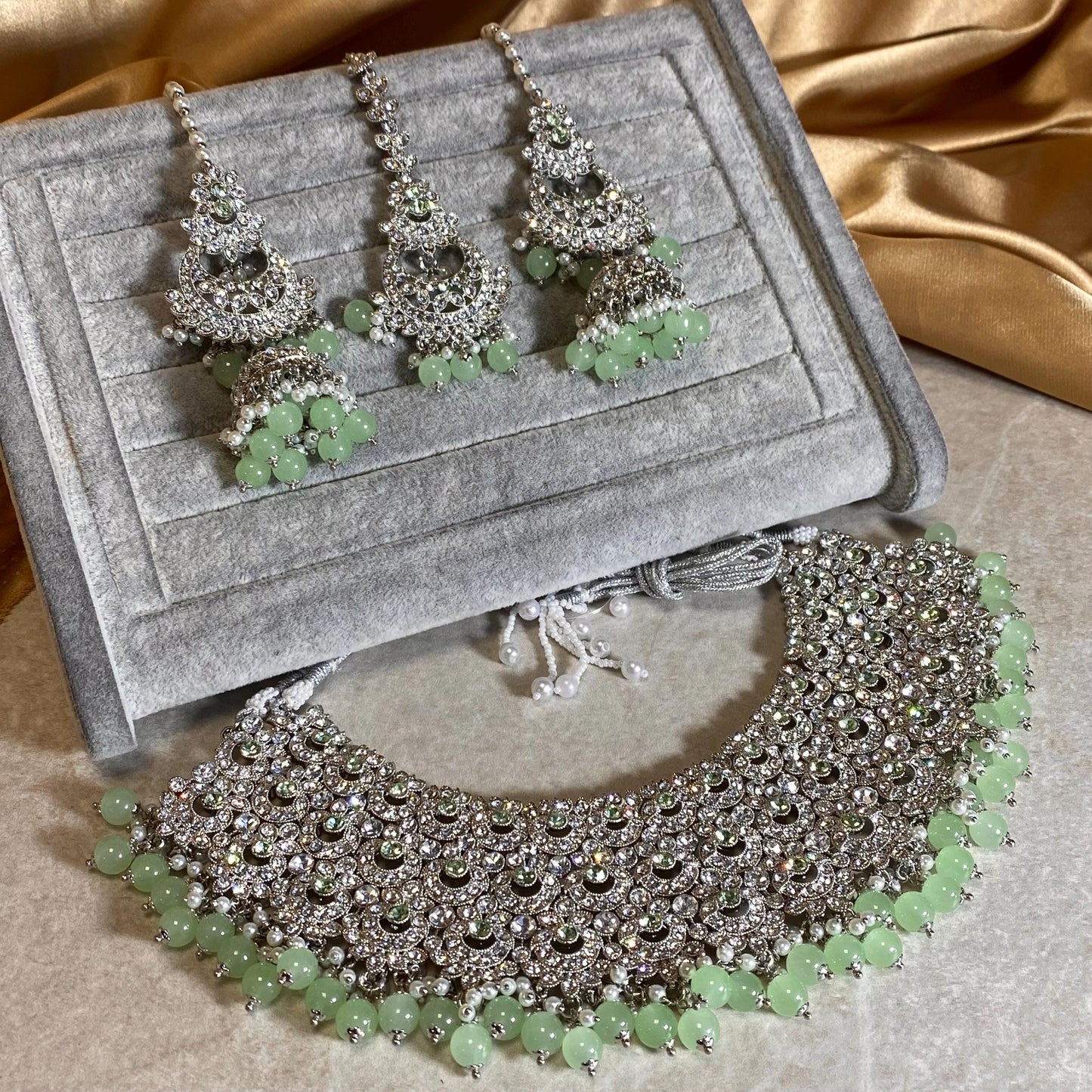 Mint Silver Bridal Set - Indian Pakistani Traditional Style With Jhumka earring,Tikka Wedding Fashion Jewellery Necklace set 3 Piece