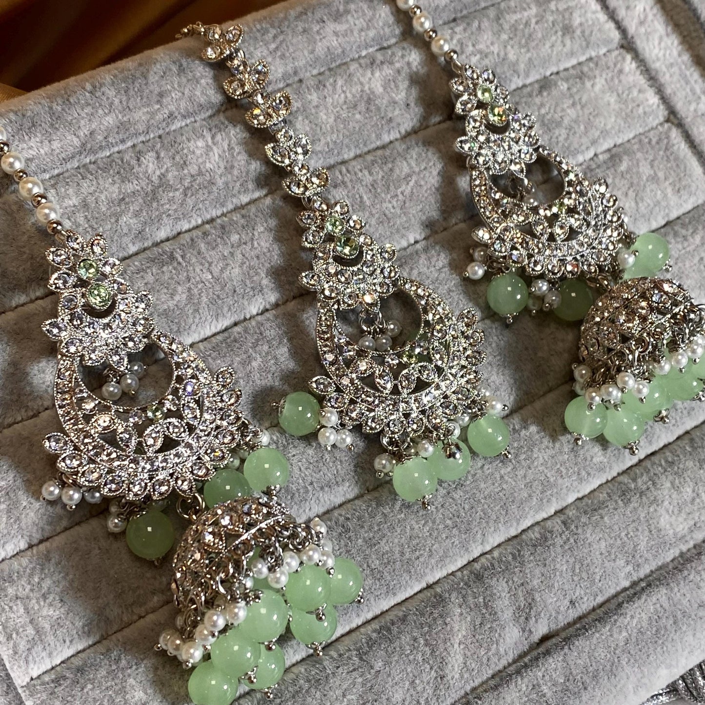 Mint Silver Bridal Set - Indian Pakistani Traditional Style With Jhumka earring,Tikka Wedding Fashion Jewellery Necklace set 3 Piece