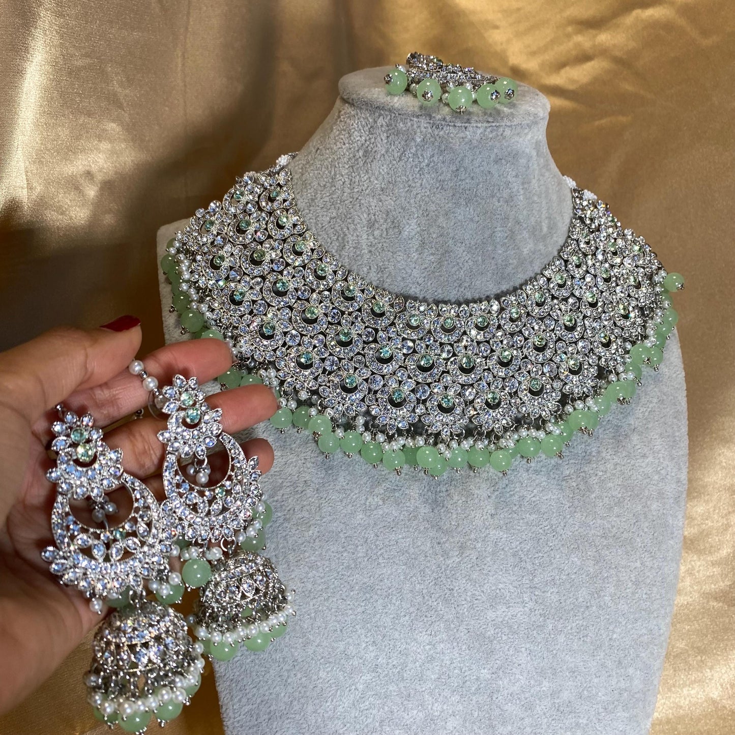Mint Silver Bridal Set - Indian Pakistani Traditional Style With Jhumka earring,Tikka Wedding Fashion Jewellery Necklace set 3 Piece