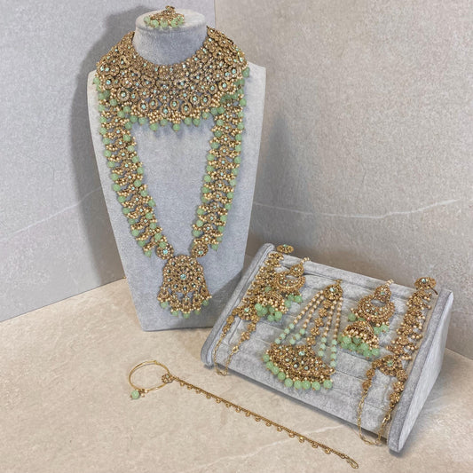 Mint Pista Golden Full 8 Piece Bridal Necklace Set Traditional Indian Pakistani Style Wedding Fashion Jewellery Heavy Necklace set Sale