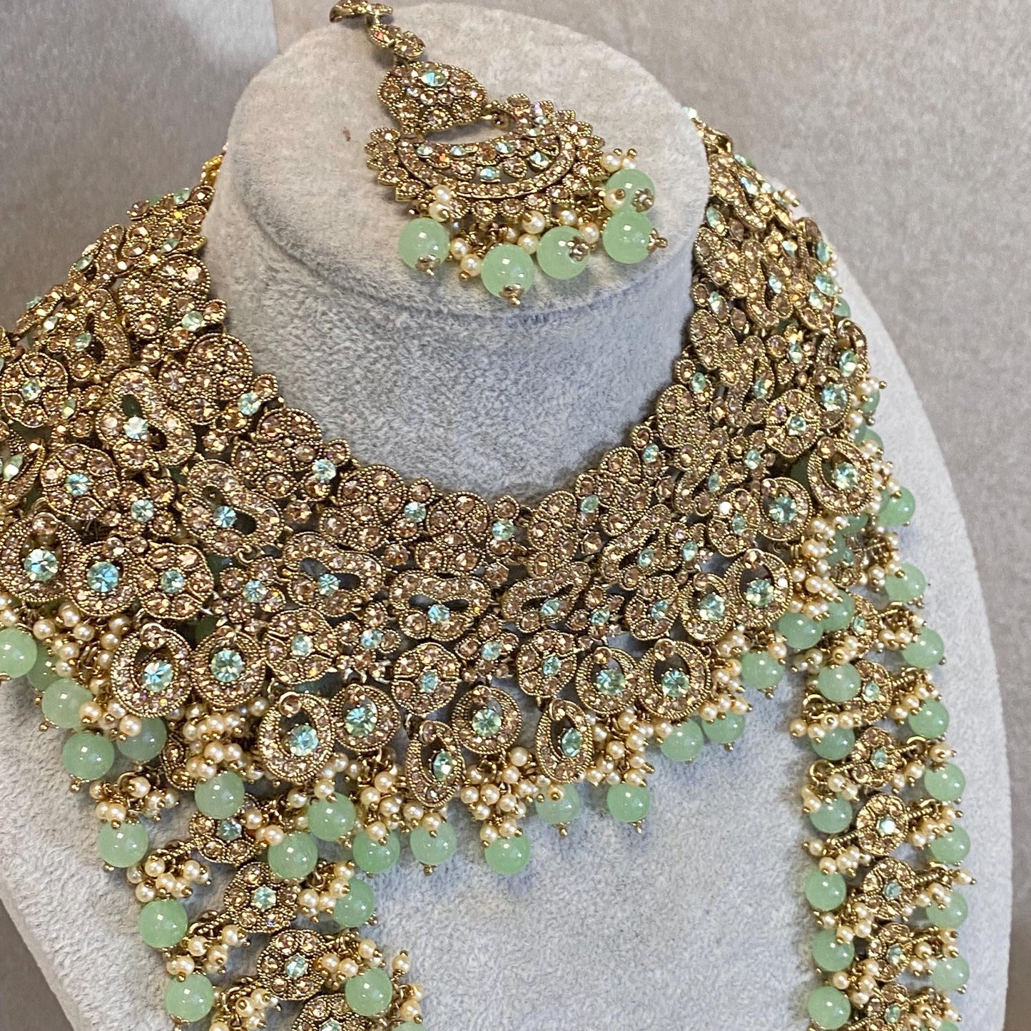 Mint Pista Golden Full 8 Piece Bridal Necklace Set Traditional Indian Pakistani Style Wedding Fashion Jewellery Heavy Necklace set Sale