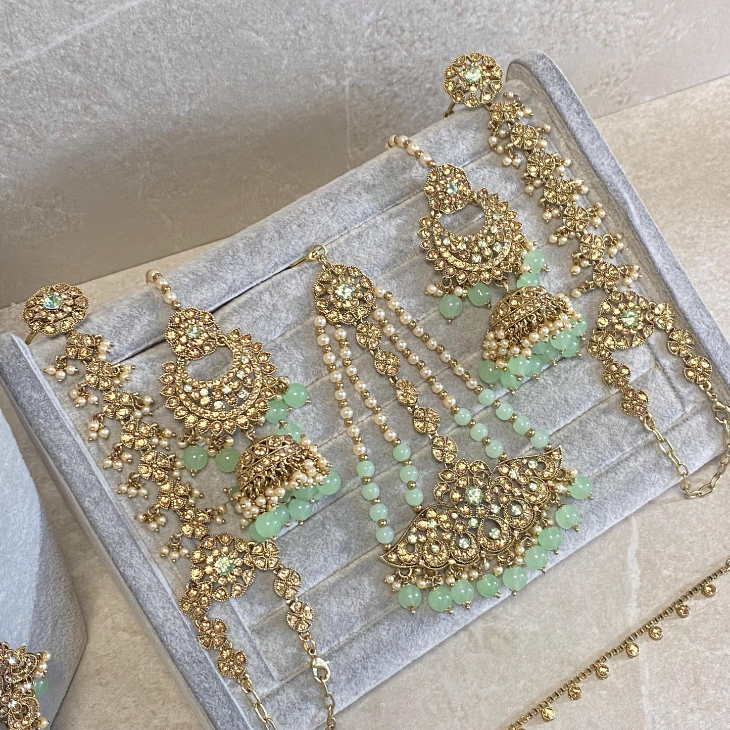 Mint Pista Golden Full 8 Piece Bridal Necklace Set Traditional Indian Pakistani Style Wedding Fashion Jewellery Heavy Necklace set Sale