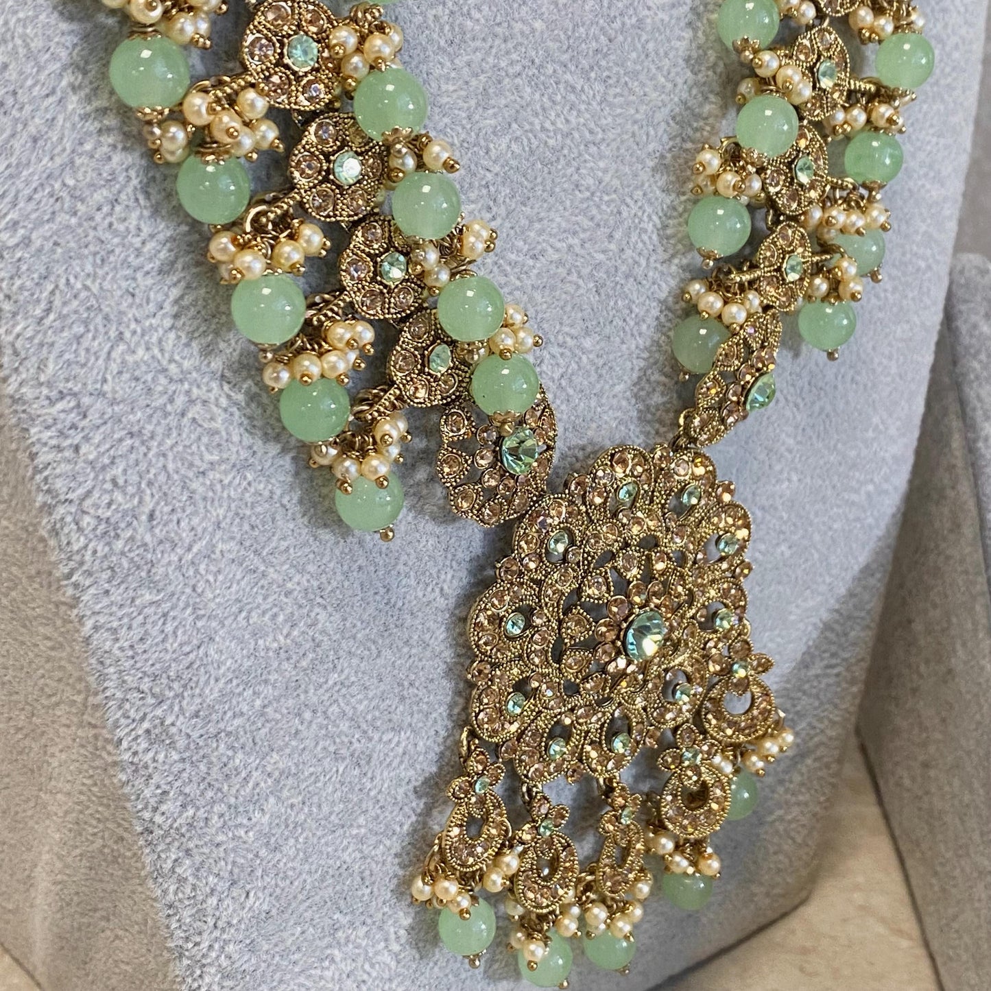 Mint Pista Golden Full 8 Piece Bridal Necklace Set Traditional Indian Pakistani Style Wedding Fashion Jewellery Heavy Necklace set Sale