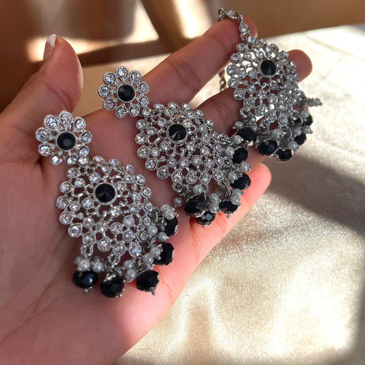 Silver Black Earrings Tikka Set/Silver Flat Earring/ Fashion Jewellery/ Gift for Women/Indian/Pakistani style/ Sale High Quality Lightweight