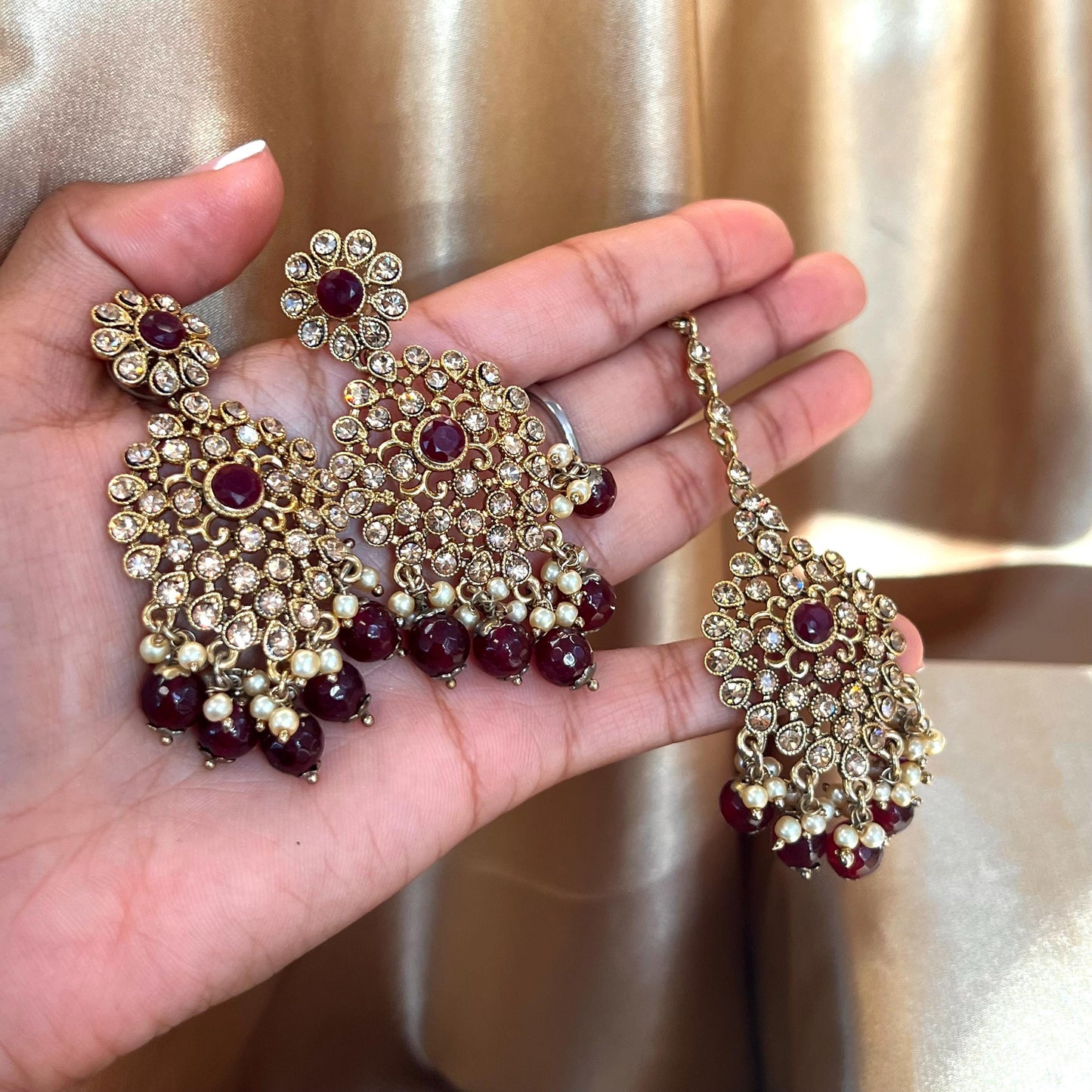 Maroon Earring and Tikka only/  Flat Earring Indian/ Pakistani Style/ Gift/ High Quality Lightweight Jewellery/ Desi Fashion/ Sale