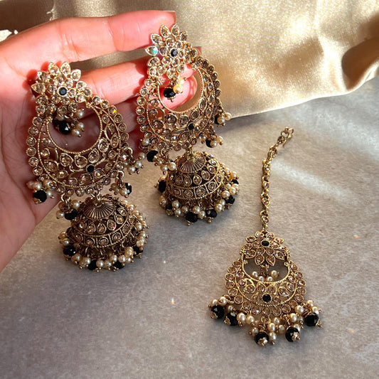 Large Black Gold Jhumka Earring and Tikka Set- Black/Party Earring Indian/ Pakistani Style/ Sale/ High Quality Gift for Her
