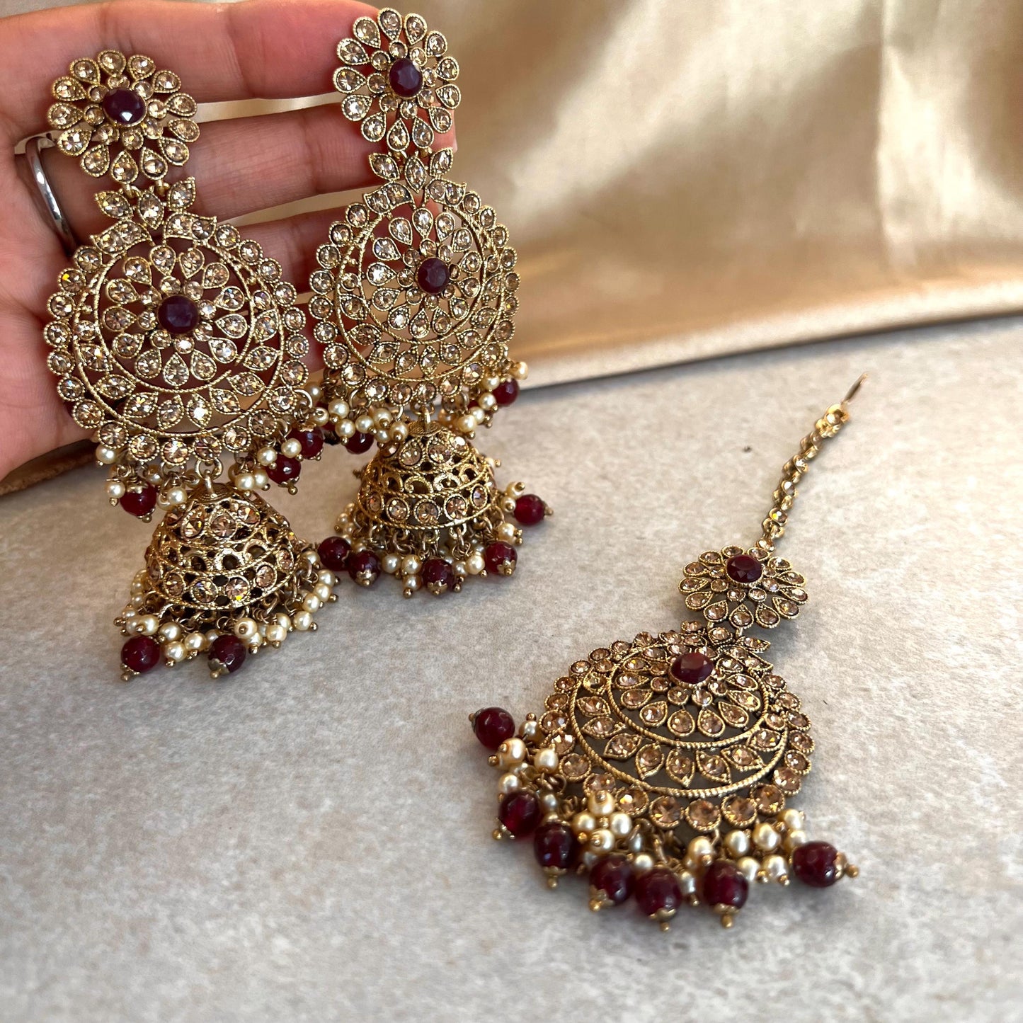 Large Maroon Gold Jhumka Earring and Tikka Set- Black/Party Earring Indian/ Pakistani Style/ Sale/ High Quality Gift for Her