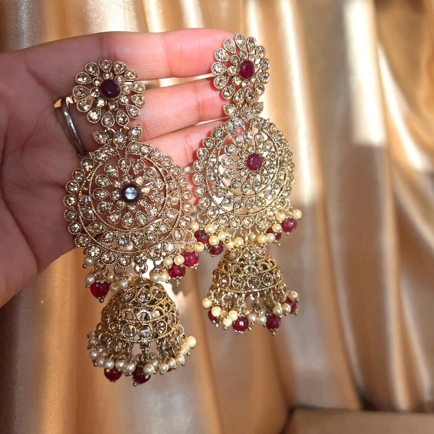 Large Maroon Gold Jhumka Earring and Tikka Set- Black/Party Earring Indian/ Pakistani Style/ Sale/ High Quality Gift for Her