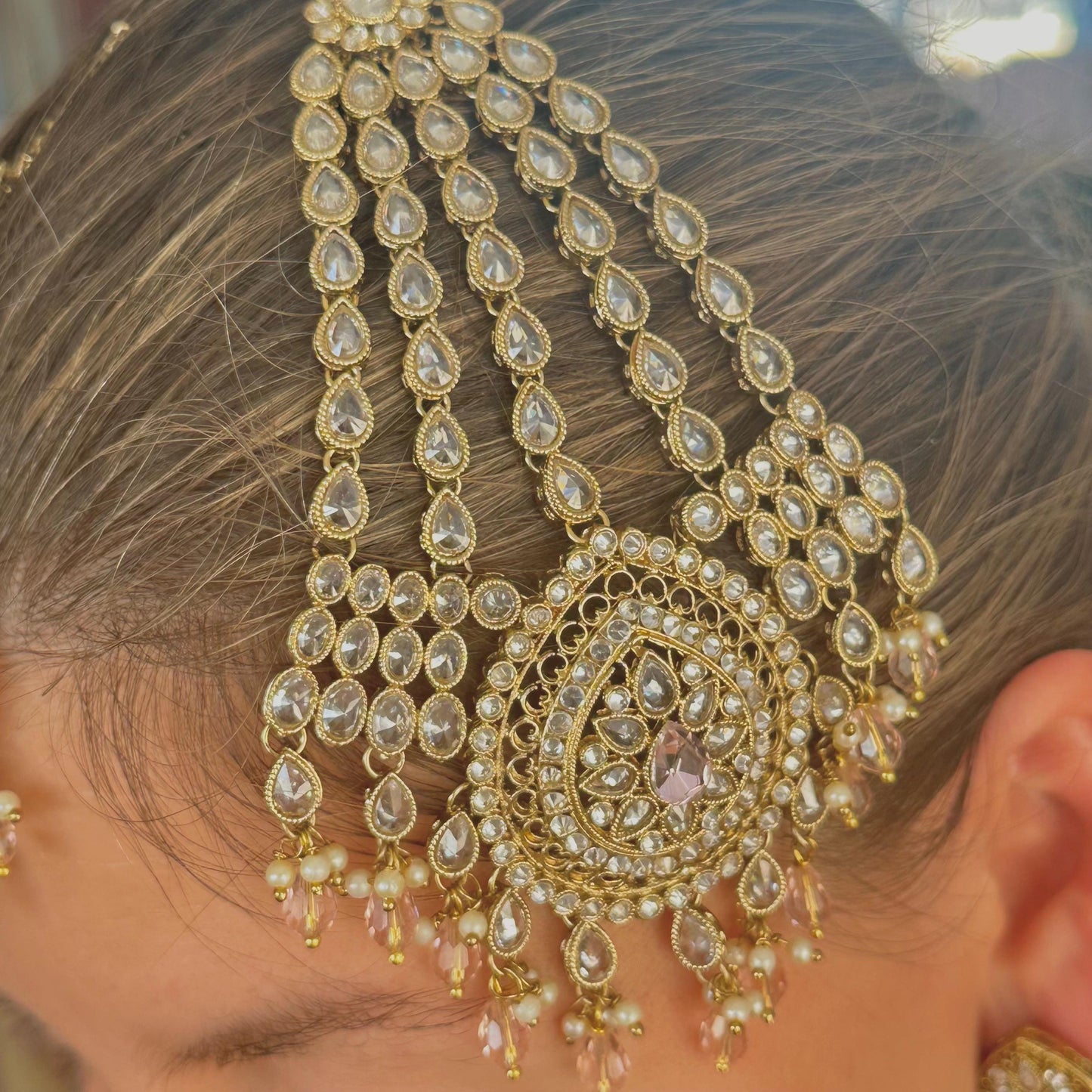 Antique Gold Pink & Clear Bridal Set/Pakistani/Fashion Jewellery/Bridal Jewellery/ Pink Bridal Jewellery/ Gift for Women