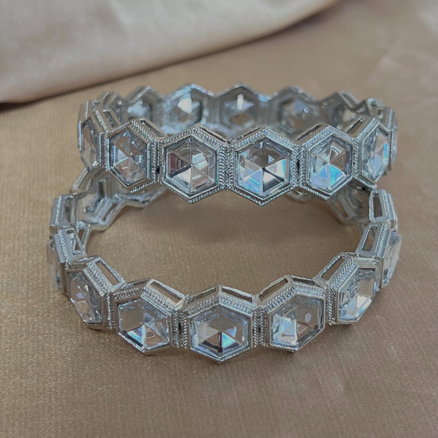 Set of 2 Silver Faux Kundan Kada Bangles in 2.6 /Jhumki Bangles/Indian/ Pakistani/Jewelley/ Fashion Bracelet