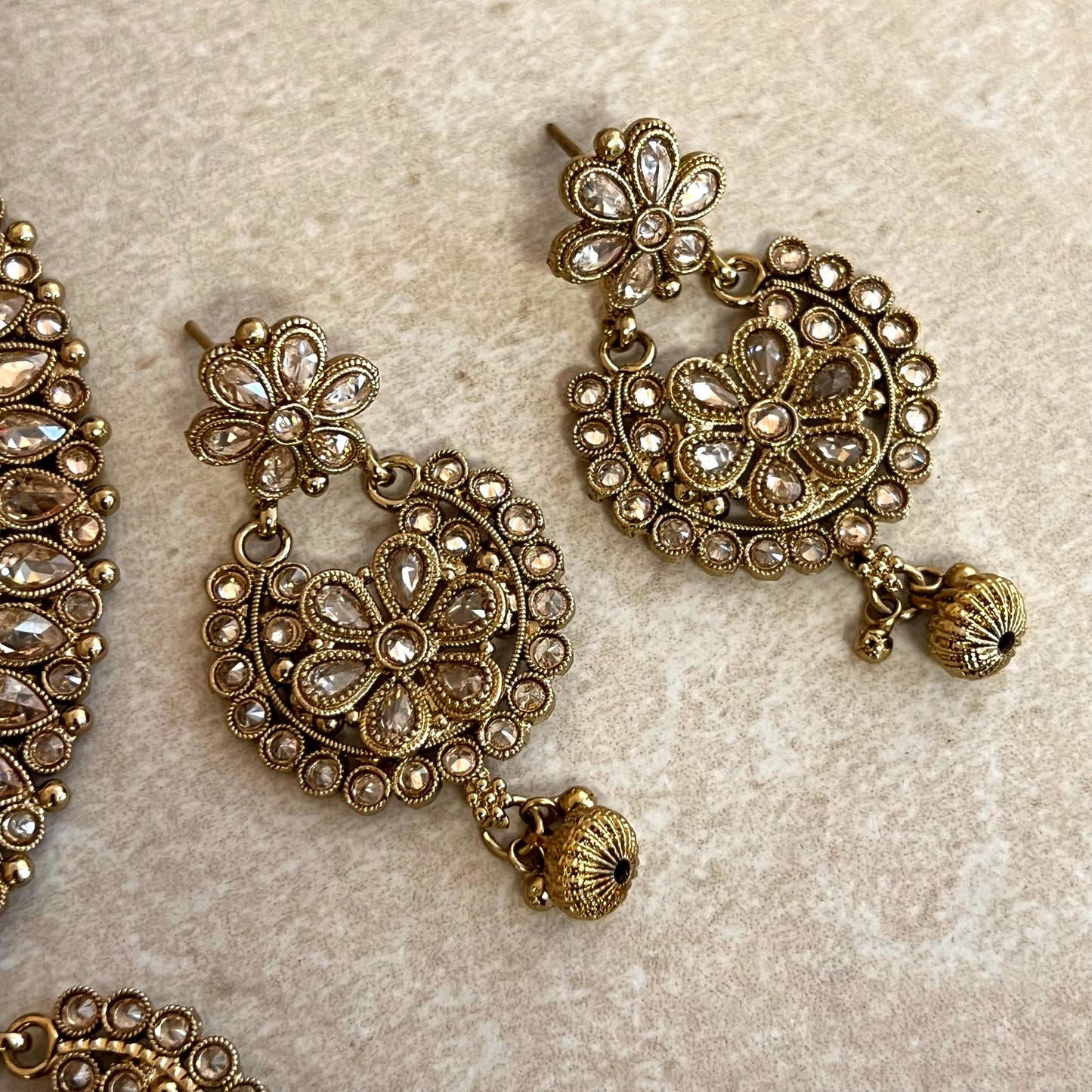 Crystal Necklace Set - Antique Gold/ Silver/ with Zircon Crystals/ Reception/ Wedding/ Civil/Simple Set/ Earring and Tikka/Gift/ Partywear