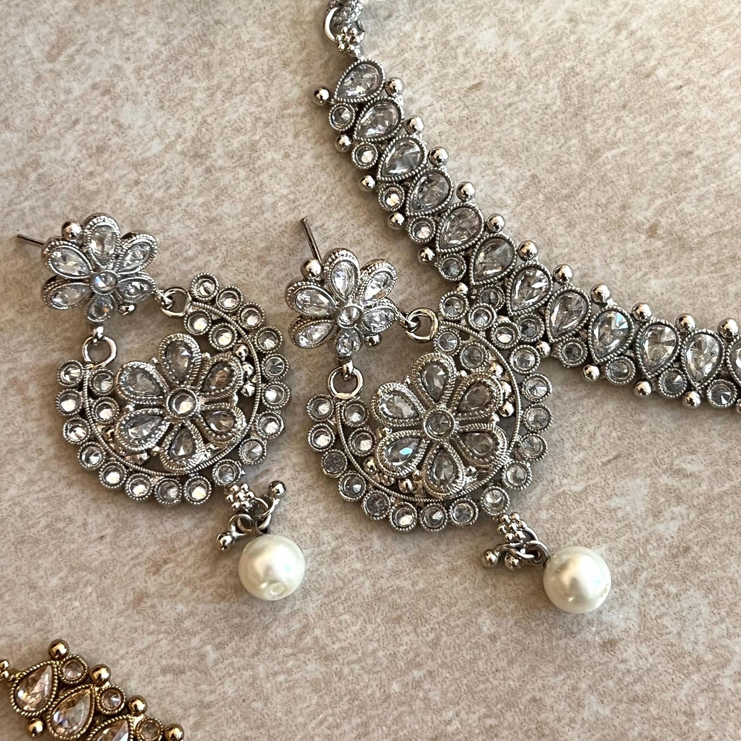 Crystal Necklace Set - Antique Gold/ Silver/ with Zircon Crystals/ Reception/ Wedding/ Civil/Simple Set/ Earring and Tikka/Gift/ Partywear