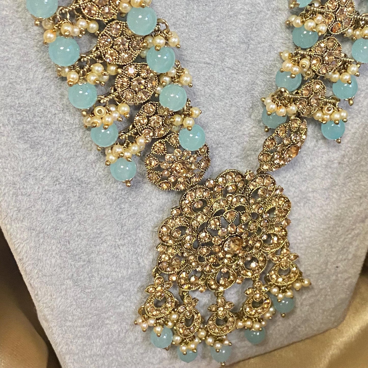 Light Blue Golden Full 8 Piece Bridal Necklace Set Traditional Indian Pakistani Style Wedding Fashion Jewellery Heavy Necklace set Sale