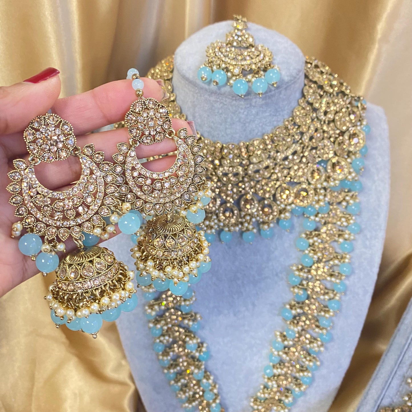 Light Blue Golden Full 8 Piece Bridal Necklace Set Traditional Indian Pakistani Style Wedding Fashion Jewellery Heavy Necklace set Sale