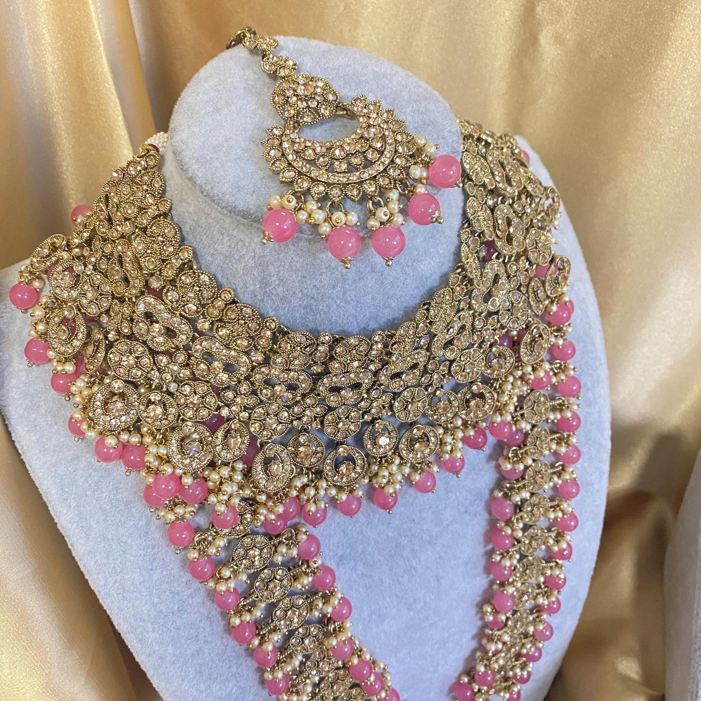 Pink Golden Full 8 Piece Bridal Necklace Set Traditional Indian Pakistani Style Wedding Fashion Jewellery Heavy Necklace set Sale
