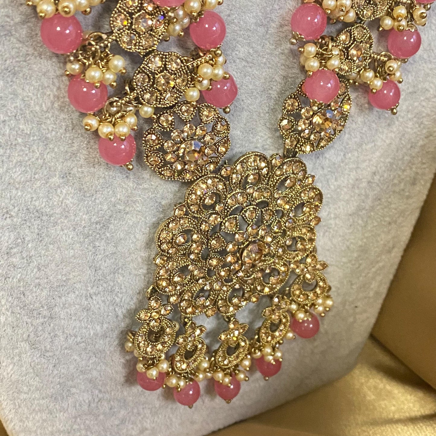 Pink Golden Full 8 Piece Bridal Necklace Set Traditional Indian Pakistani Style Wedding Fashion Jewellery Heavy Necklace set Sale