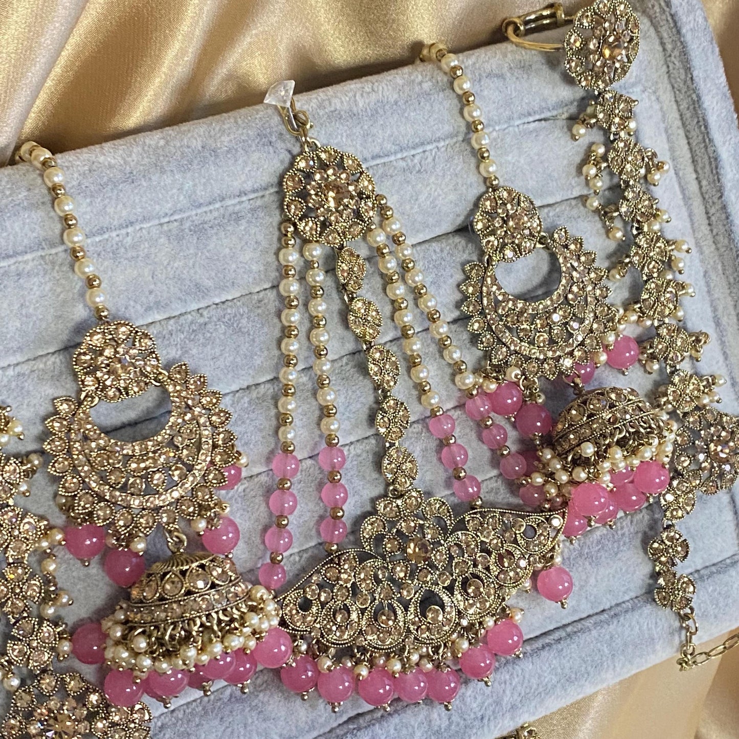 Pink Golden Full 8 Piece Bridal Necklace Set Traditional Indian Pakistani Style Wedding Fashion Jewellery Heavy Necklace set Sale