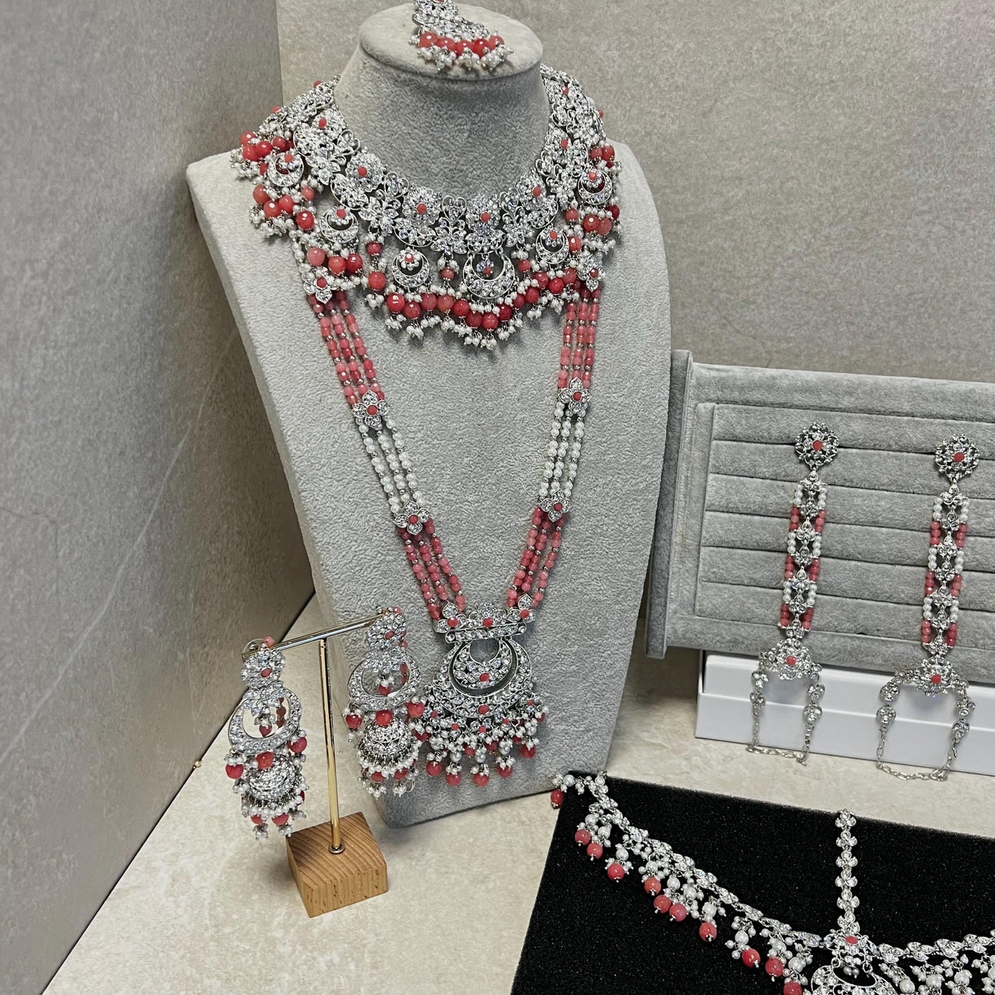 Silver Coral Bridal Necklace Set Indian/ Pakistani Style/ Wedding/ Fashion Jewellery/ Necklace set