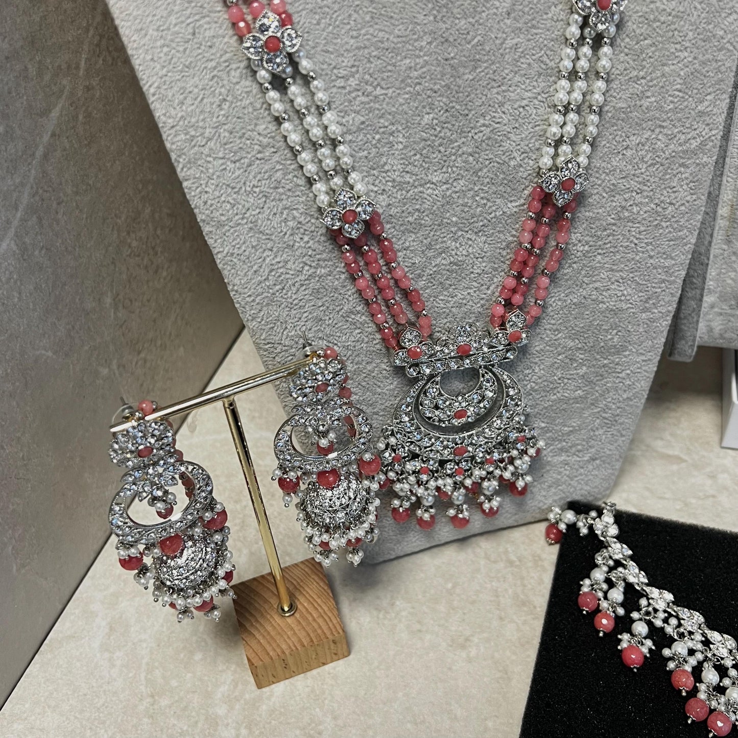 Silver Coral Bridal Necklace Set Indian/ Pakistani Style/ Wedding/ Fashion Jewellery/ Necklace set