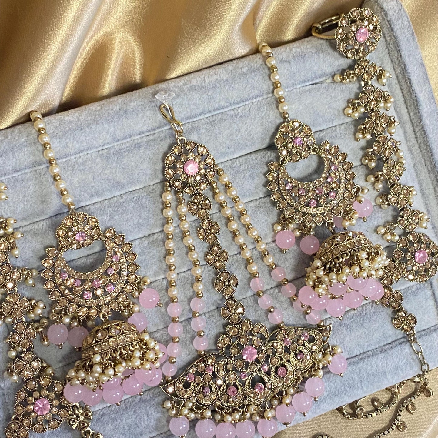 Light Pink Golden Full 8 Piece Bridal Necklace Set Traditional Indian Pakistani Style Wedding Fashion Jewellery Heavy Necklace set Sale
