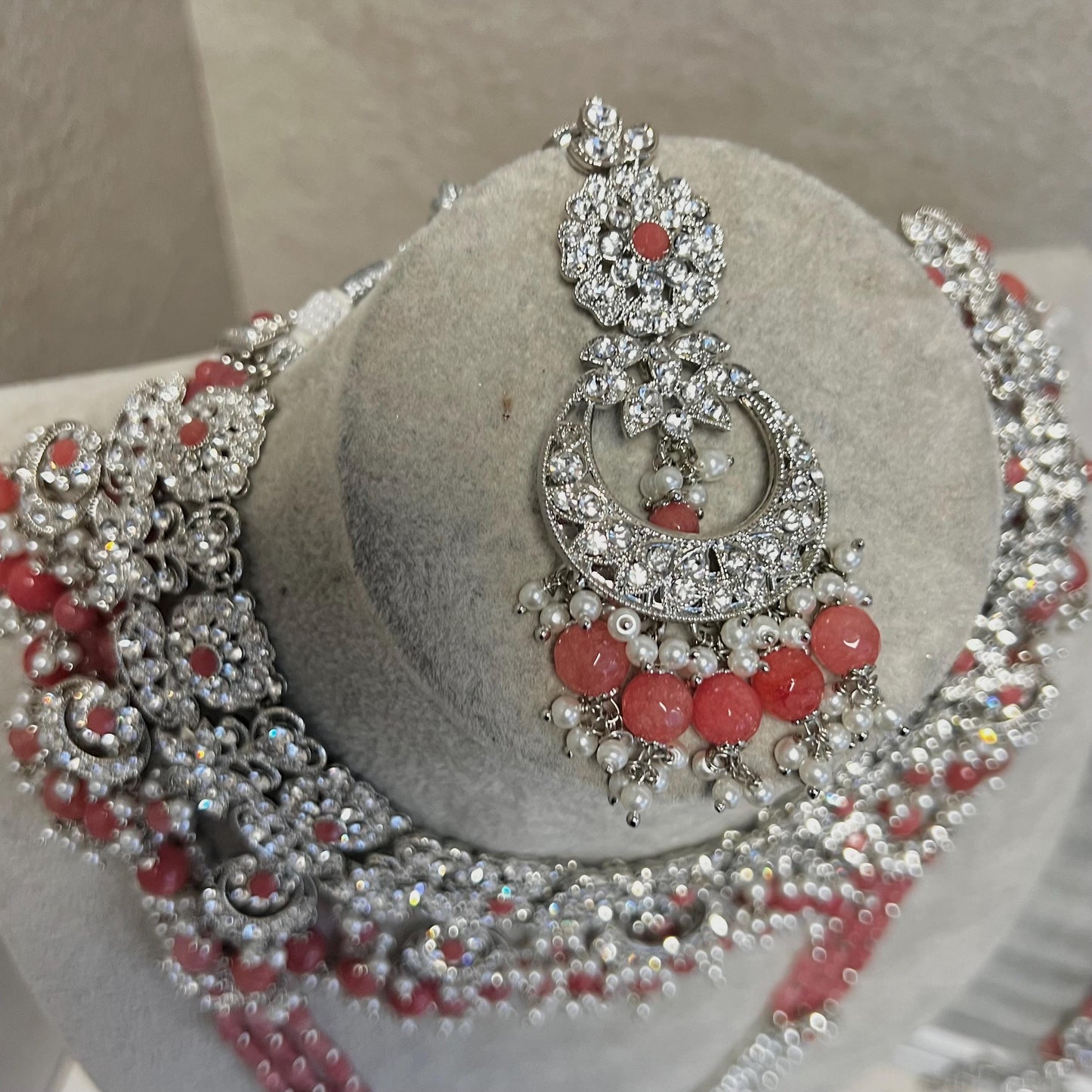 Silver Coral Bridal Necklace Set Indian/ Pakistani Style/ Wedding/ Fashion Jewellery/ Necklace set