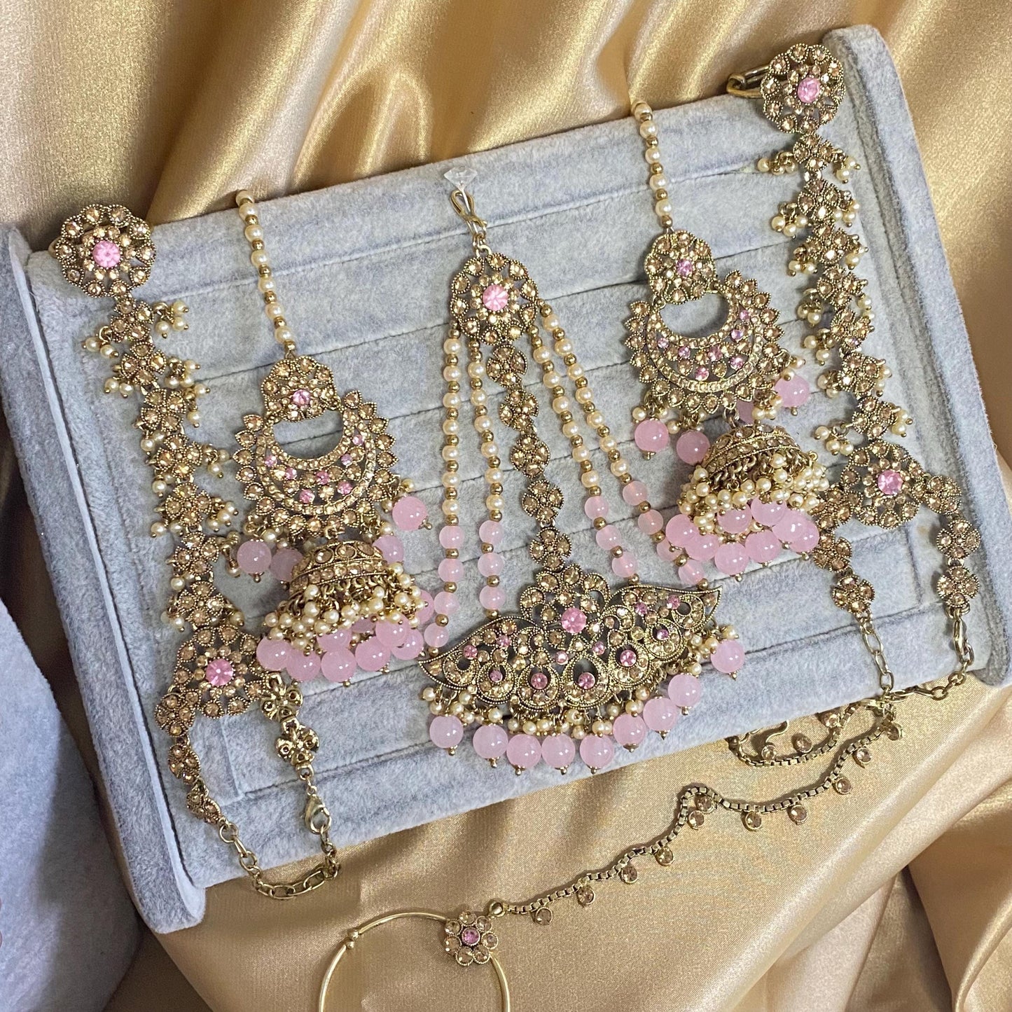 Light Pink Golden Full 8 Piece Bridal Necklace Set Traditional Indian Pakistani Style Wedding Fashion Jewellery Heavy Necklace set Sale