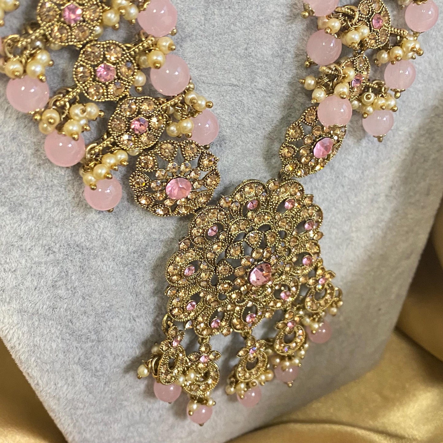 Light Pink Golden Full 8 Piece Bridal Necklace Set Traditional Indian Pakistani Style Wedding Fashion Jewellery Heavy Necklace set Sale