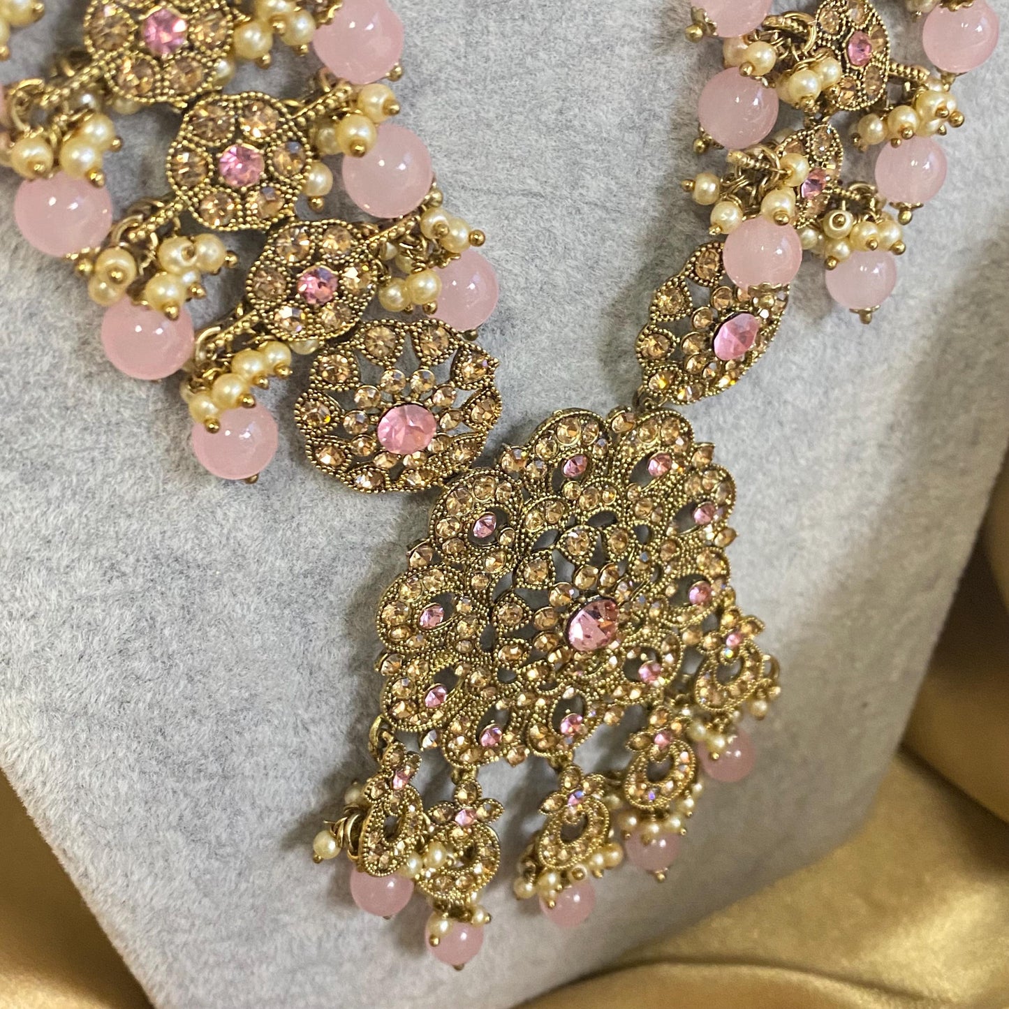 Light Pink Golden Full 8 Piece Bridal Necklace Set Traditional Indian Pakistani Style Wedding Fashion Jewellery Heavy Necklace set Sale