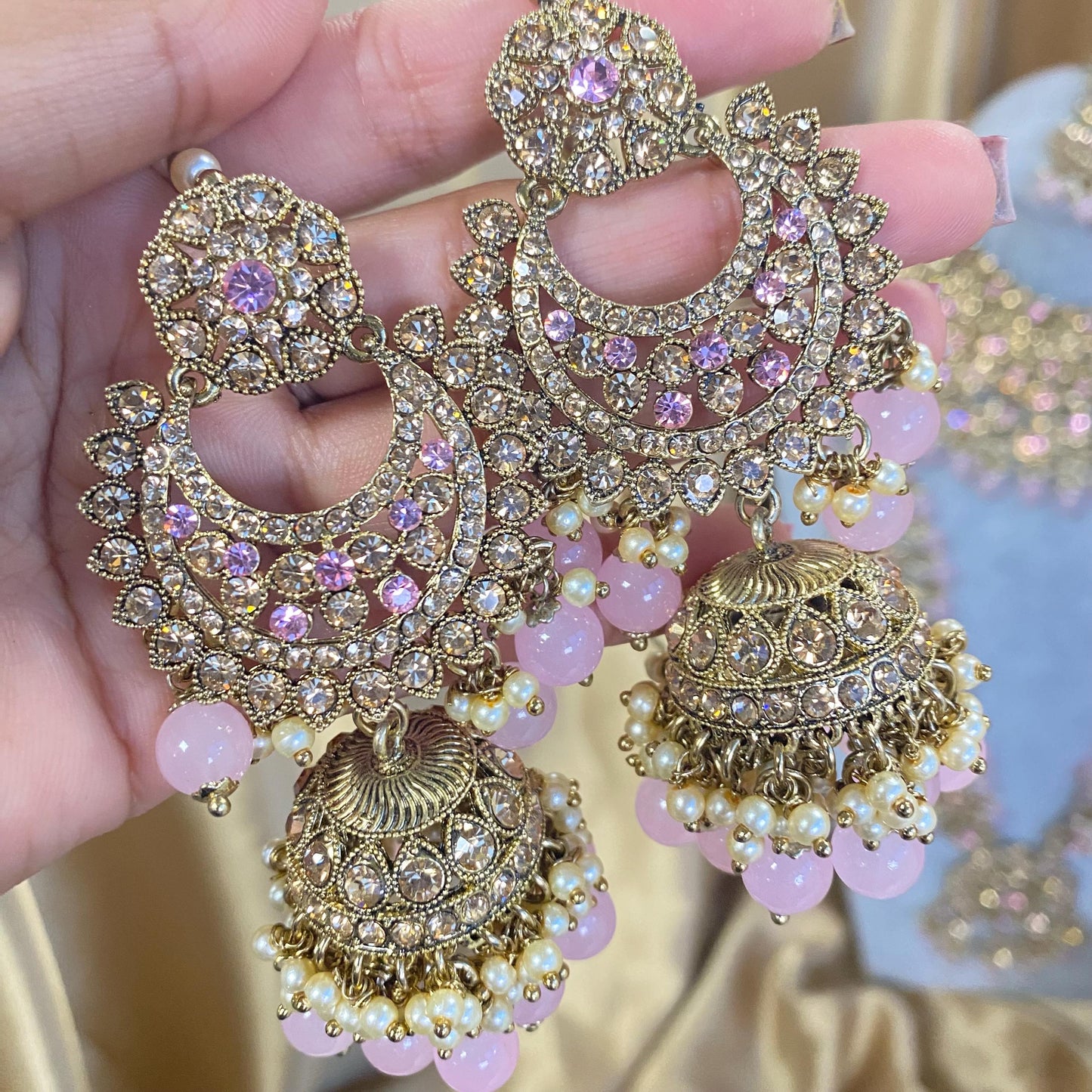 Light Pink Golden Full 8 Piece Bridal Necklace Set Traditional Indian Pakistani Style Wedding Fashion Jewellery Heavy Necklace set Sale
