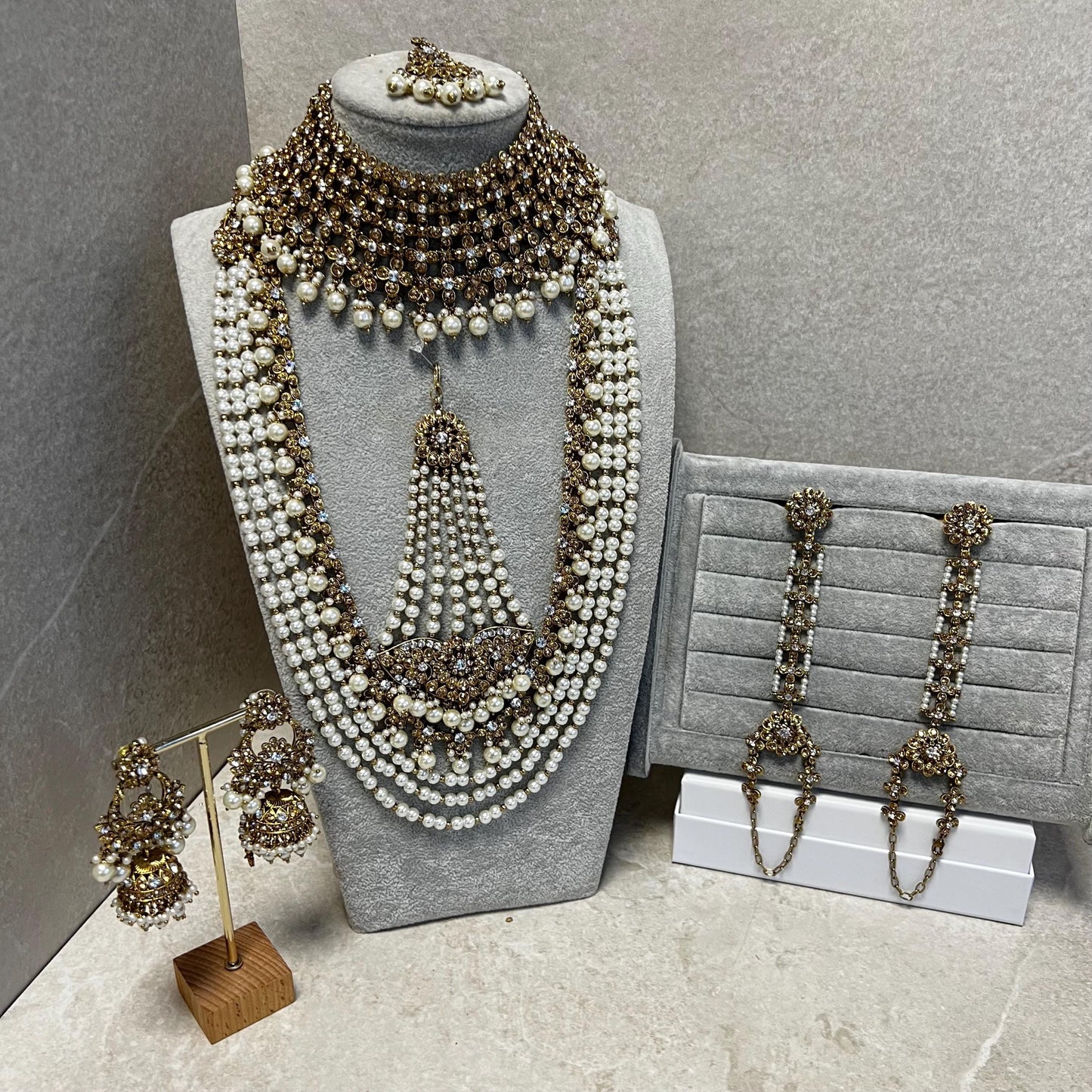 Full Bridal Set - Antique Gold Clear Rhinestone Indian / Pakistani Style/Necklace, Choker, Chain Jhumka Earring, Tikka, Jhumar Wedding/ Gift