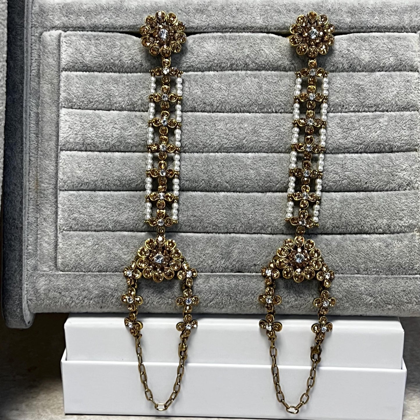 Full Bridal Set - Antique Gold Clear Rhinestone Indian / Pakistani Style/Necklace, Choker, Chain Jhumka Earring, Tikka, Jhumar Wedding/ Gift