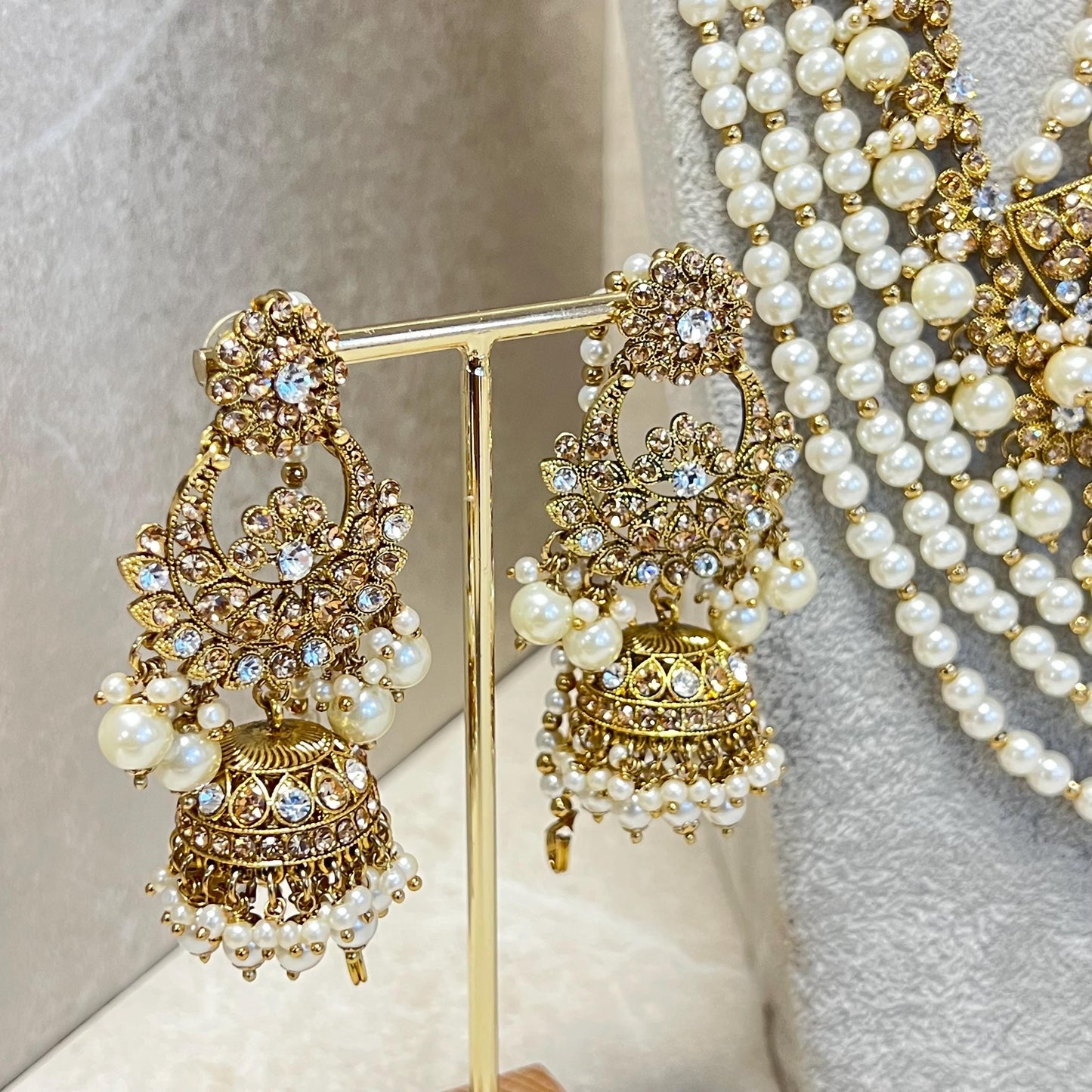 Full Bridal Set - Antique Gold Clear Rhinestone Indian / Pakistani Style/Necklace, Choker, Chain Jhumka Earring, Tikka, Jhumar Wedding/ Gift