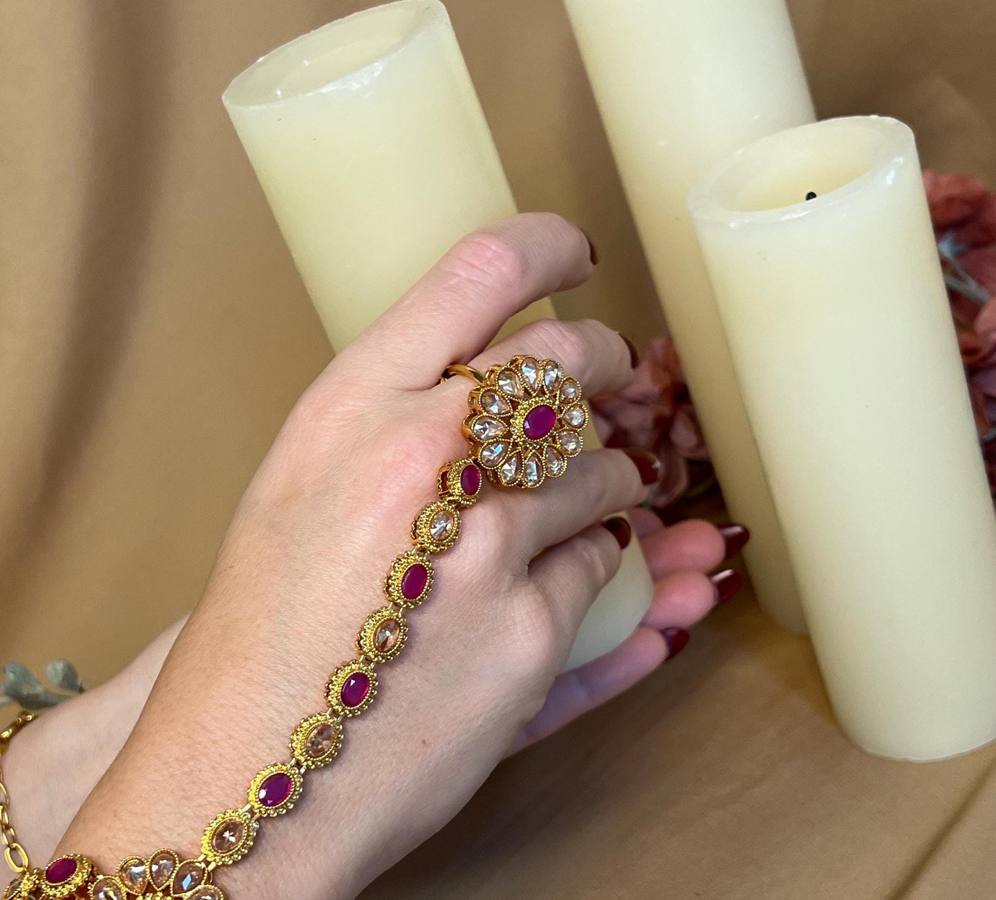 Matte Ruby Clear Hand Harness/Gold Hathpool/Clear Hathpool/Golden Harnesses/Indian/ Pakistani/Jewellery/ Fashion Bracelet/ Clear