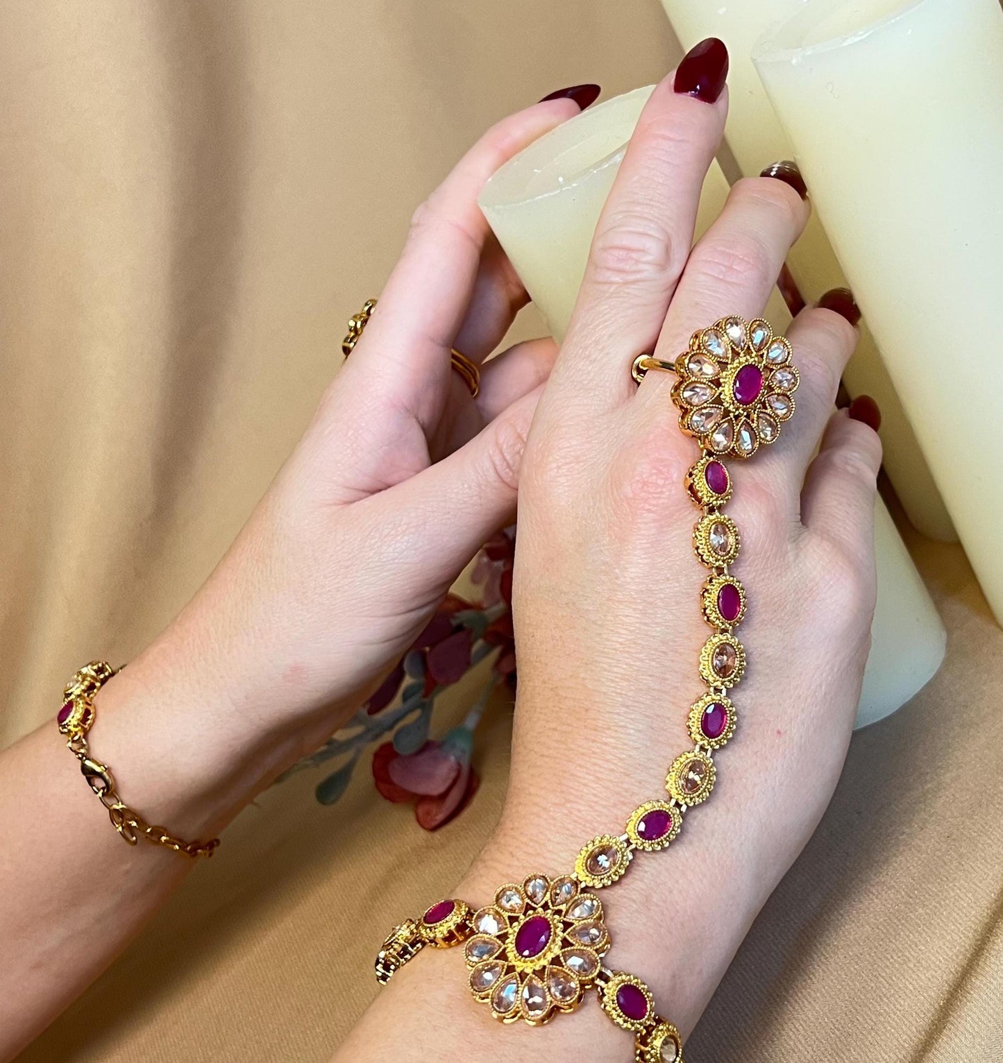 Matte Ruby Clear Hand Harness/Gold Hathpool/Clear Hathpool/Golden Harnesses/Indian/ Pakistani/Jewellery/ Fashion Bracelet/ Clear