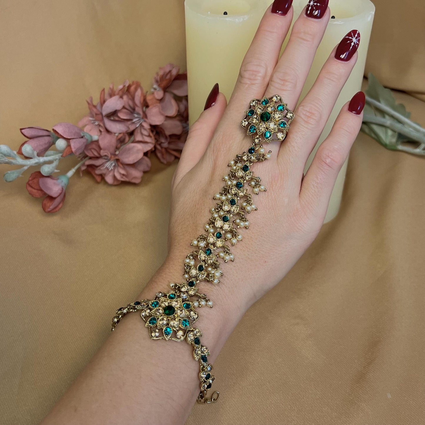 Hand Harness - Golden/ Green/ Fashion Jewellery/ Gift for Women/Indian/Pakistani style /Haathphool/Hand Accessory