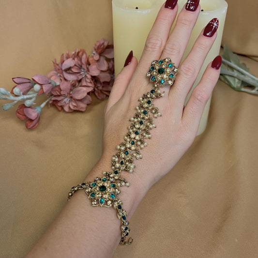 Hand Harness - Golden/ Green/ Fashion Jewellery/ Gift for Women/Indian/Pakistani style /Haathphool/Hand Accessory
