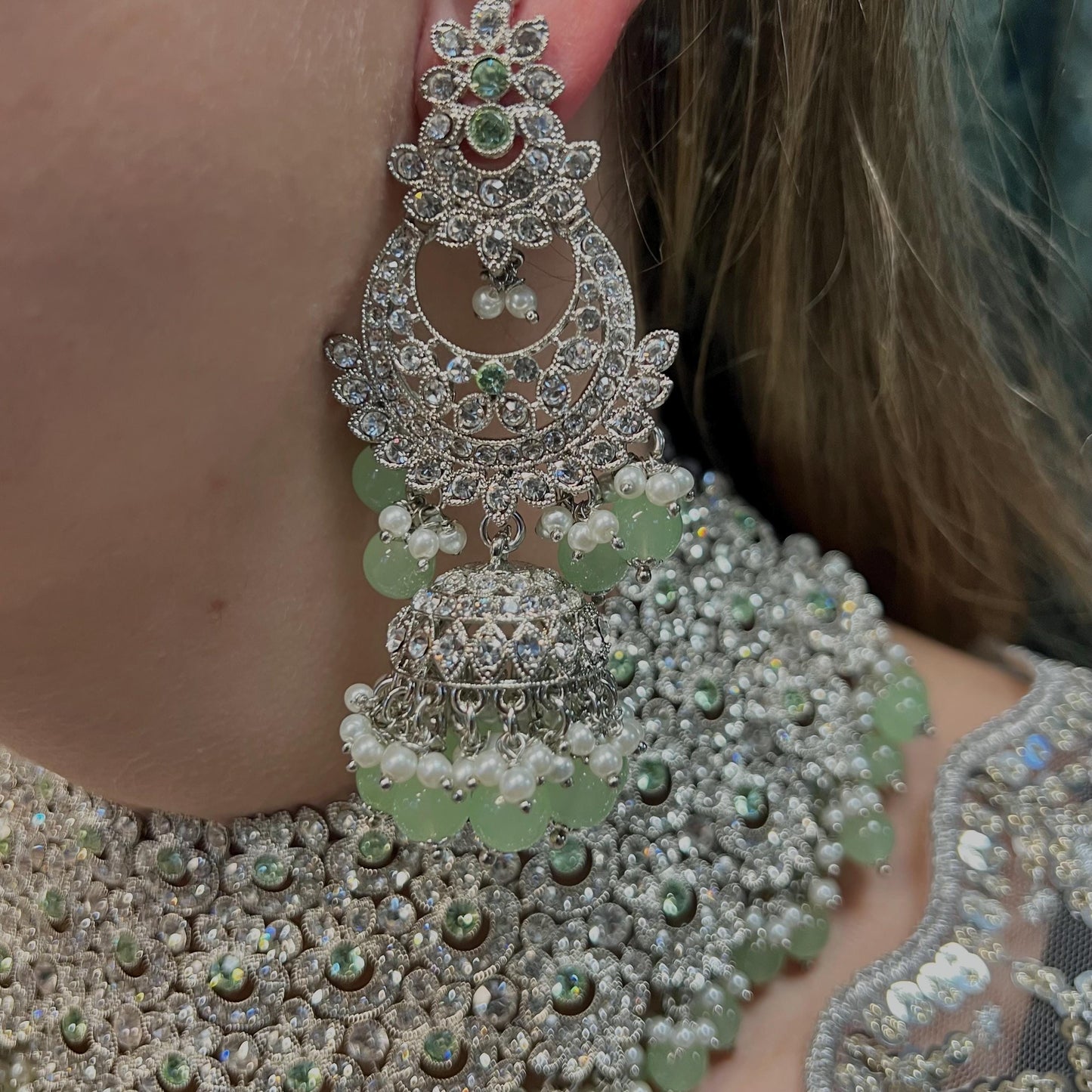 Mint Silver Bridal Set - Indian Pakistani Traditional Style With Jhumka earring,Tikka Wedding Fashion Jewellery Necklace set 3 Piece