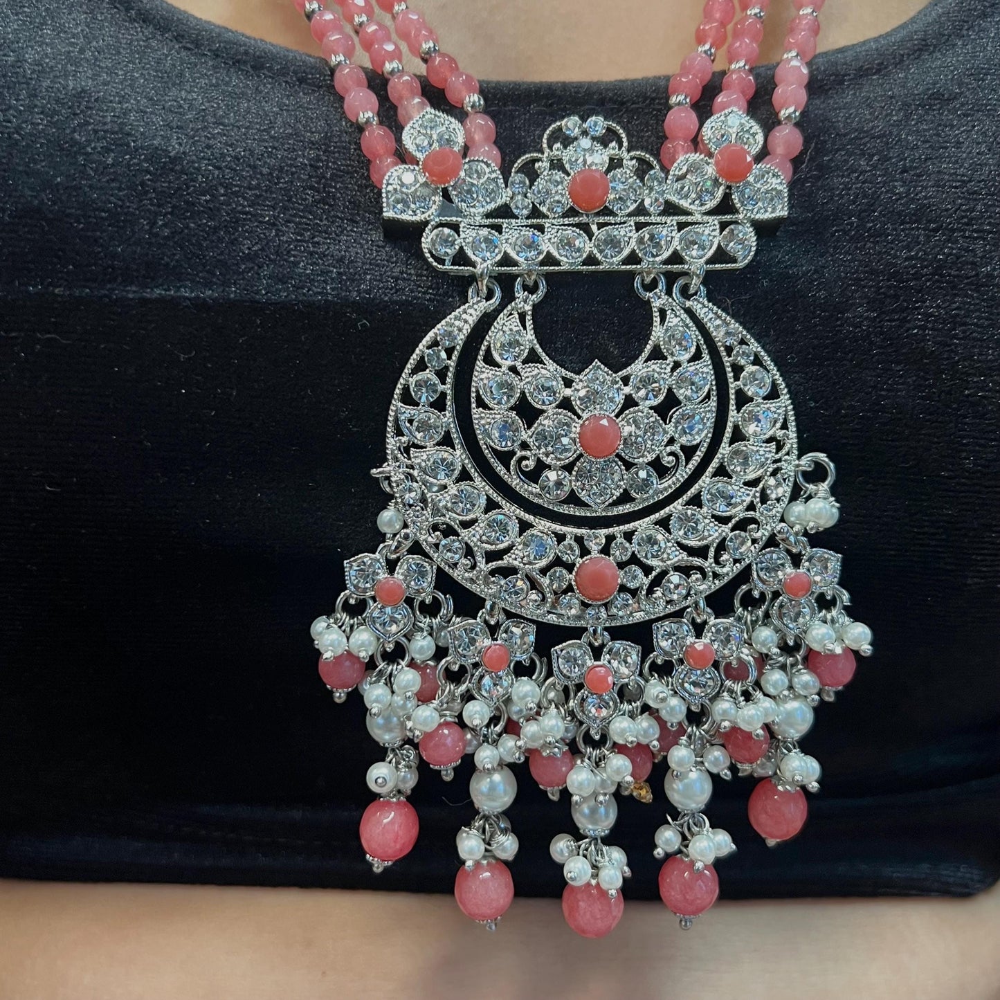 Silver Coral Bridal Necklace Set Indian/ Pakistani Style/ Wedding/ Fashion Jewellery/ Necklace set