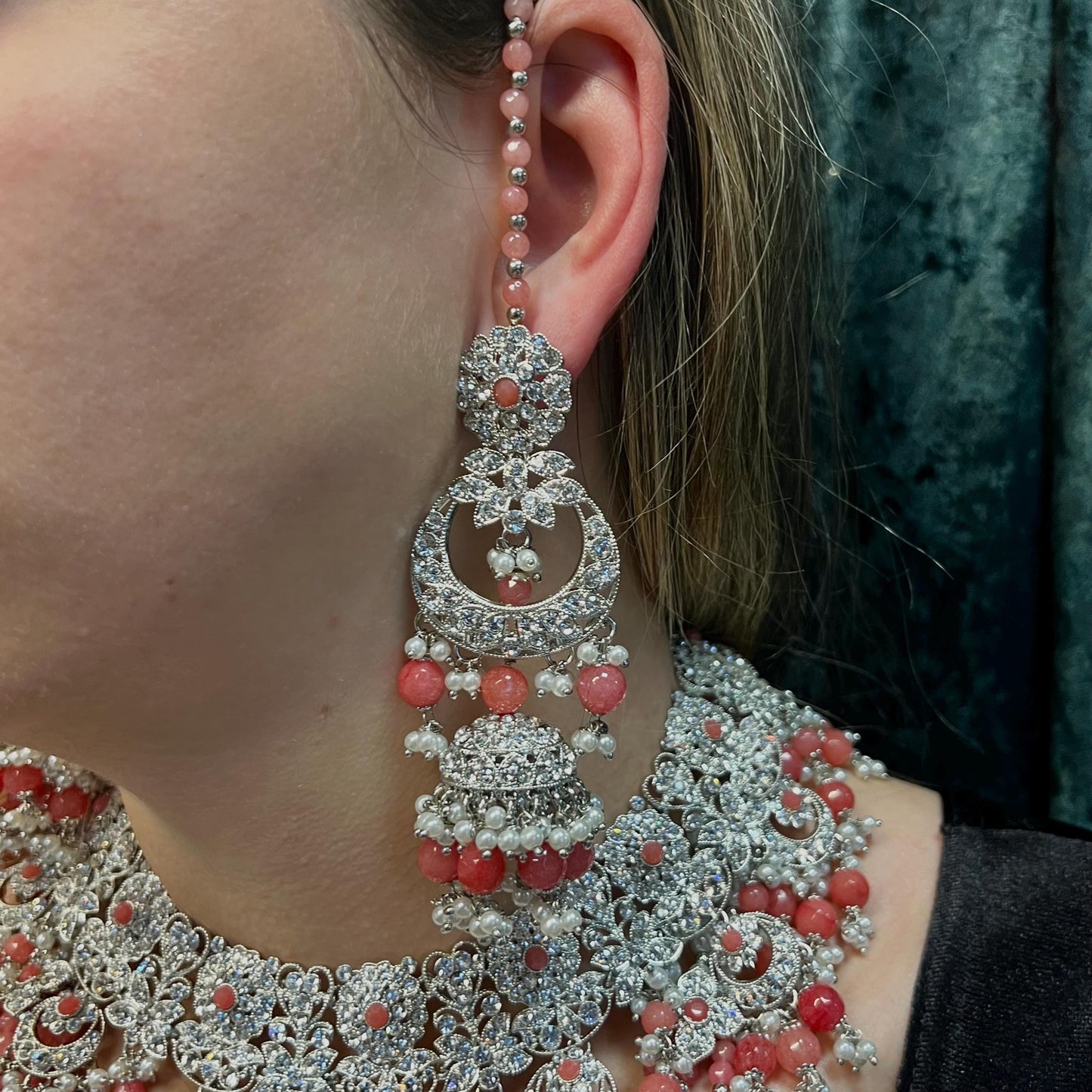 Silver Coral Bridal Necklace Set Indian/ Pakistani Style/ Wedding/ Fashion Jewellery/ Necklace set