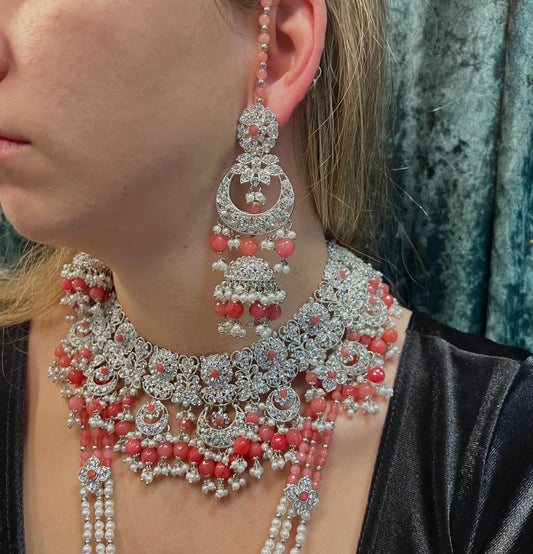 Silver Coral Bridal Necklace Set Indian/ Pakistani Style/ Wedding/ Fashion Jewellery/ Necklace set