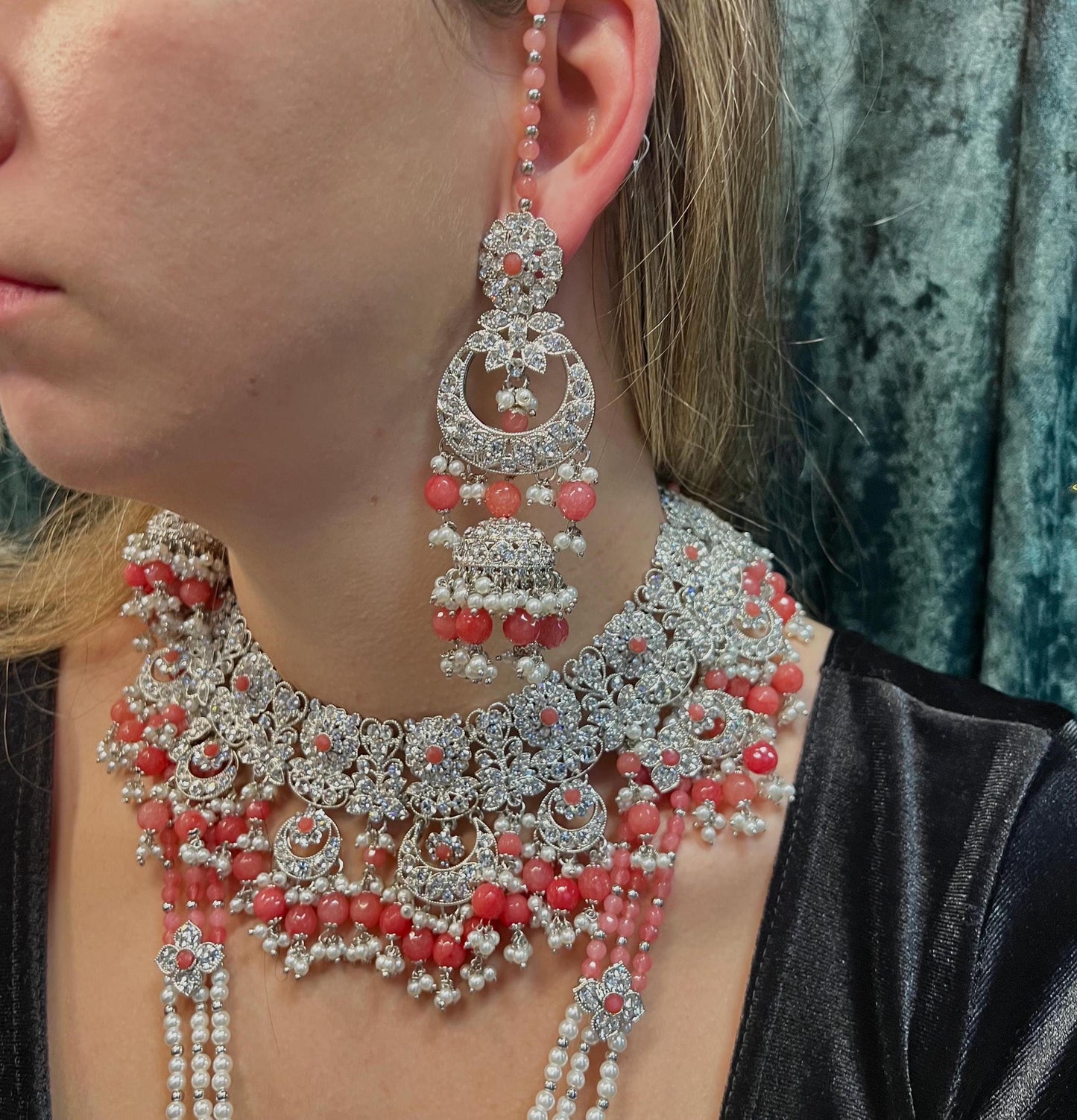 Silver Coral Bridal Necklace Set Indian/ Pakistani Style/ Wedding/ Fashion Jewellery/ Necklace set