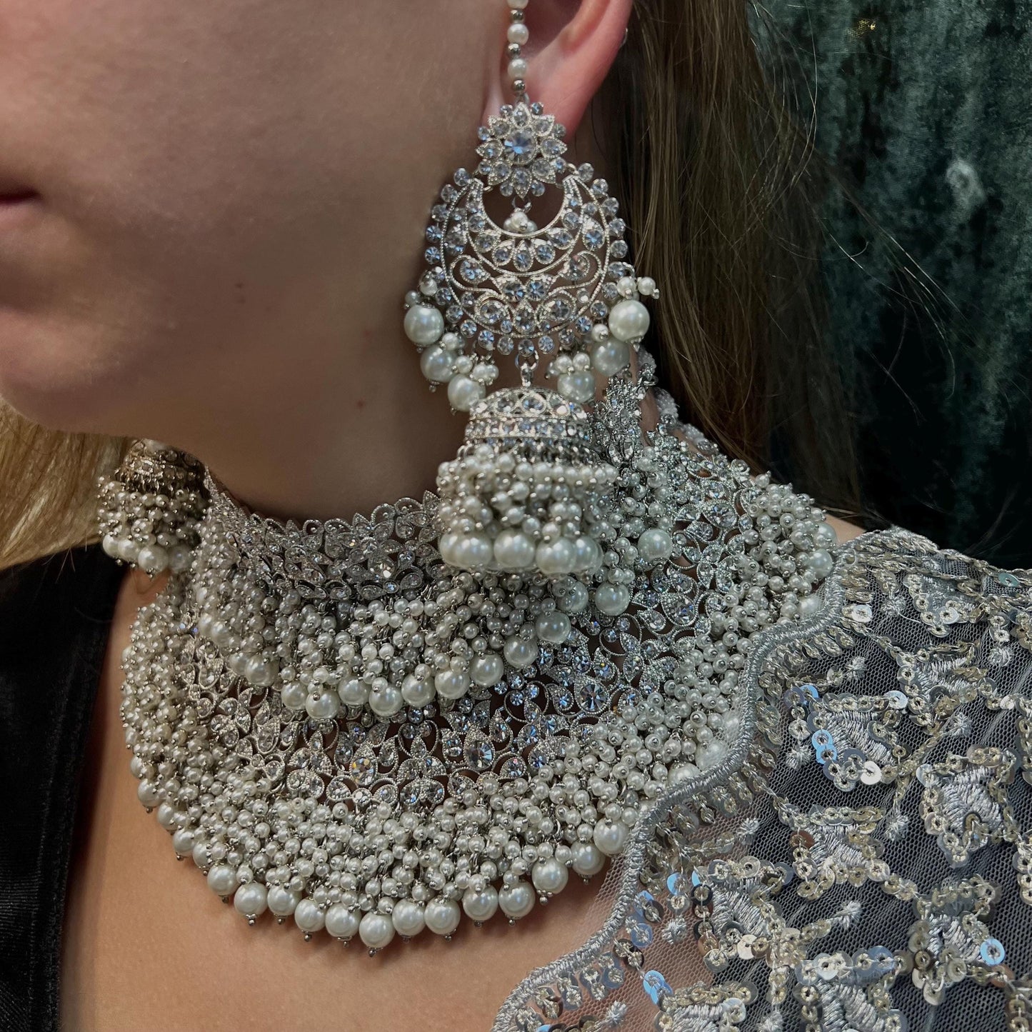 Silver Bridal Set - Pearl Indian/ Pakistani Style With Jhumka earring, Tikka/Tikli, Jhumar/jhoomar/ Wedding/ Fashion Jewellery/ Necklace set